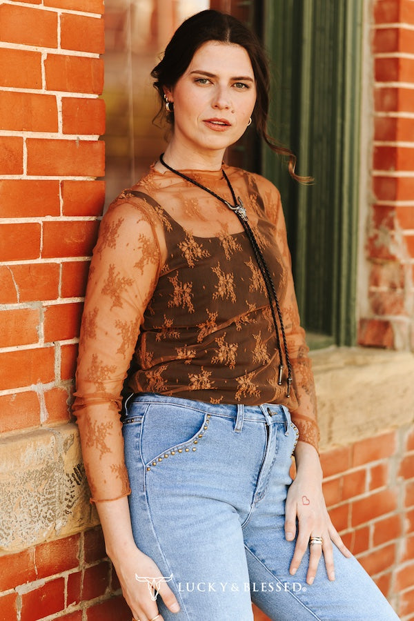 Brown Floral Lace Long Sleeve Mesh Top