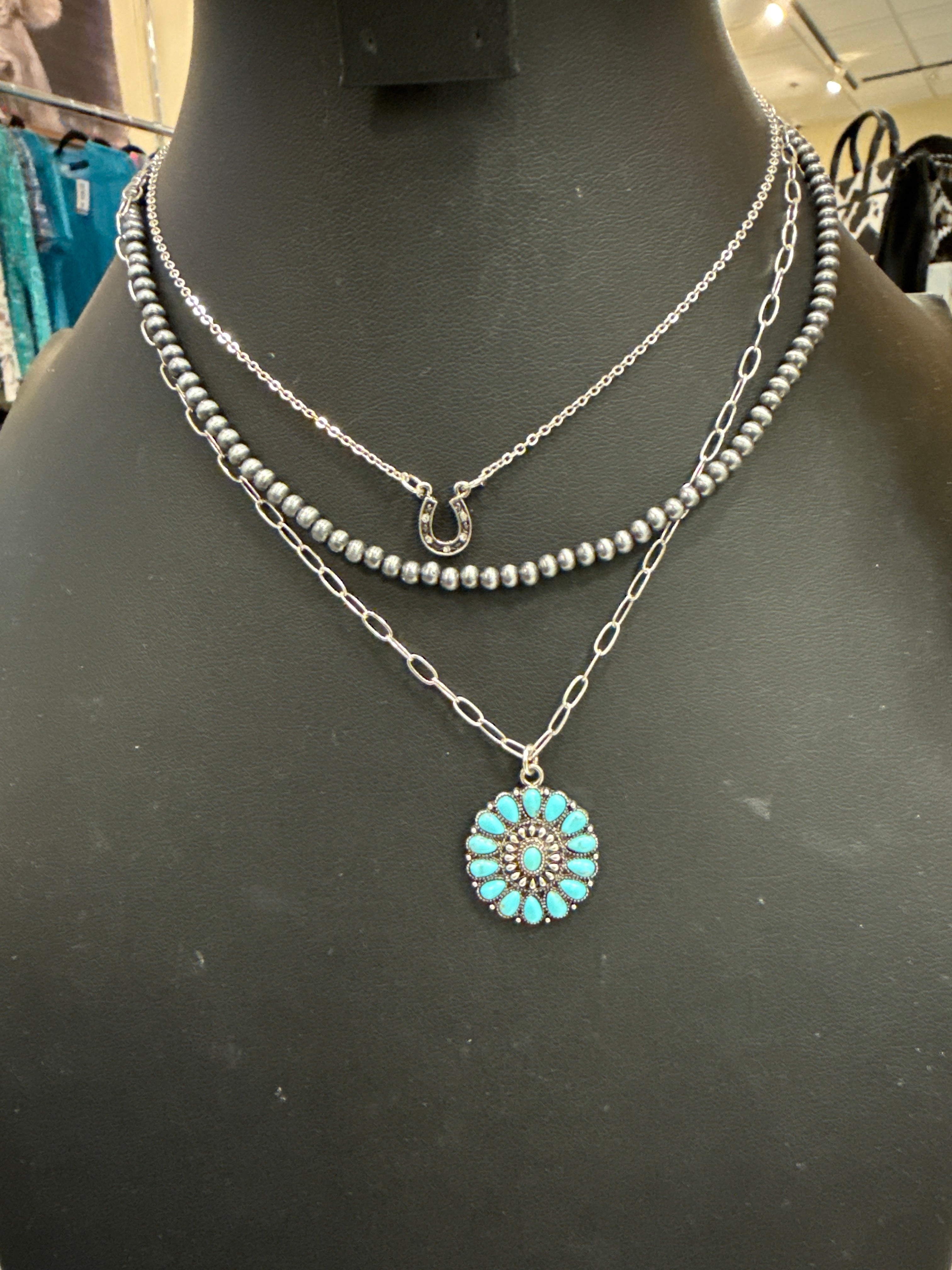 Turquoise Cluster Pendant & Horse Pearl Necklace