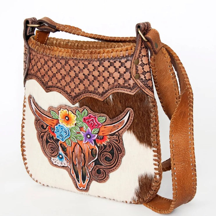 Floral Steer Hand Tooled Crossbody Purse