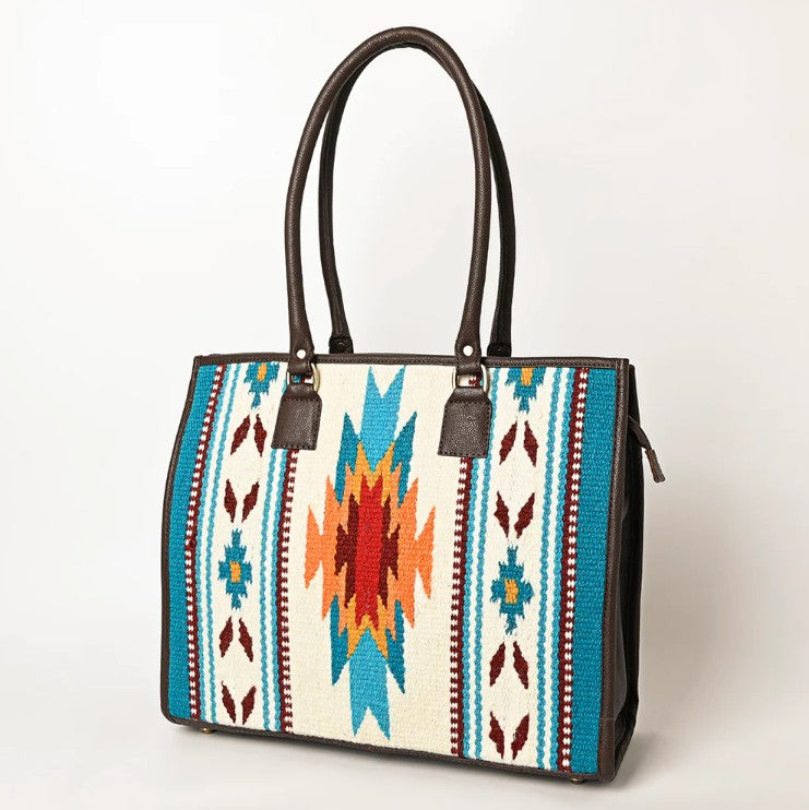 Turquoise Southwestern Woven Leather Tote Bag