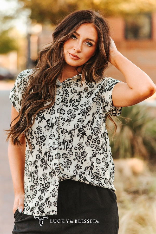 Black Floral Horse Button Top