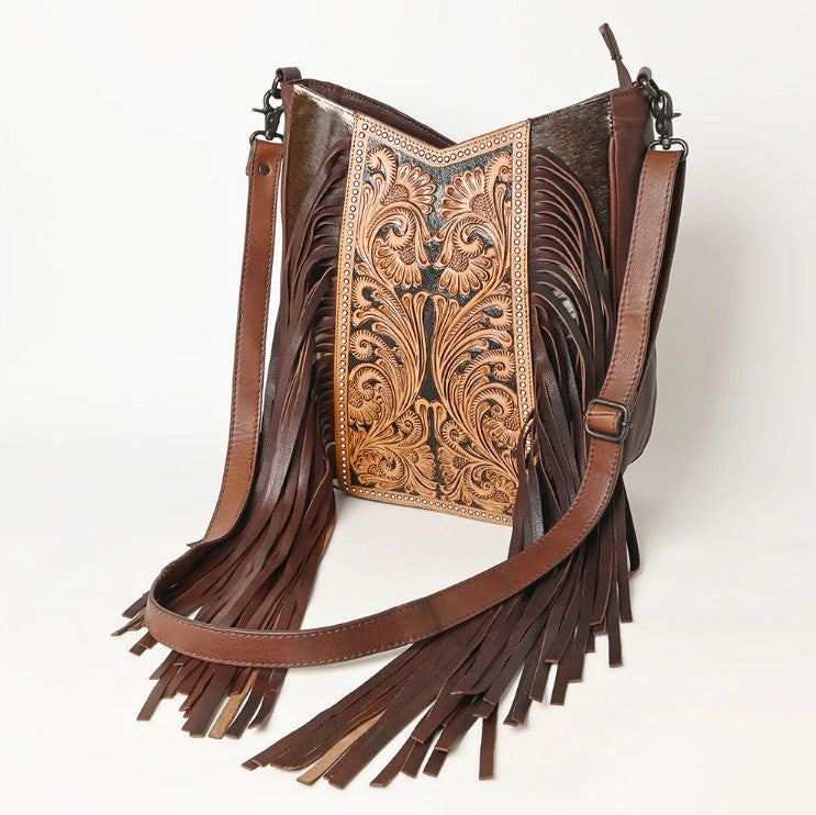 Hand Tooled Fringe Hair-On Crossbody Bag