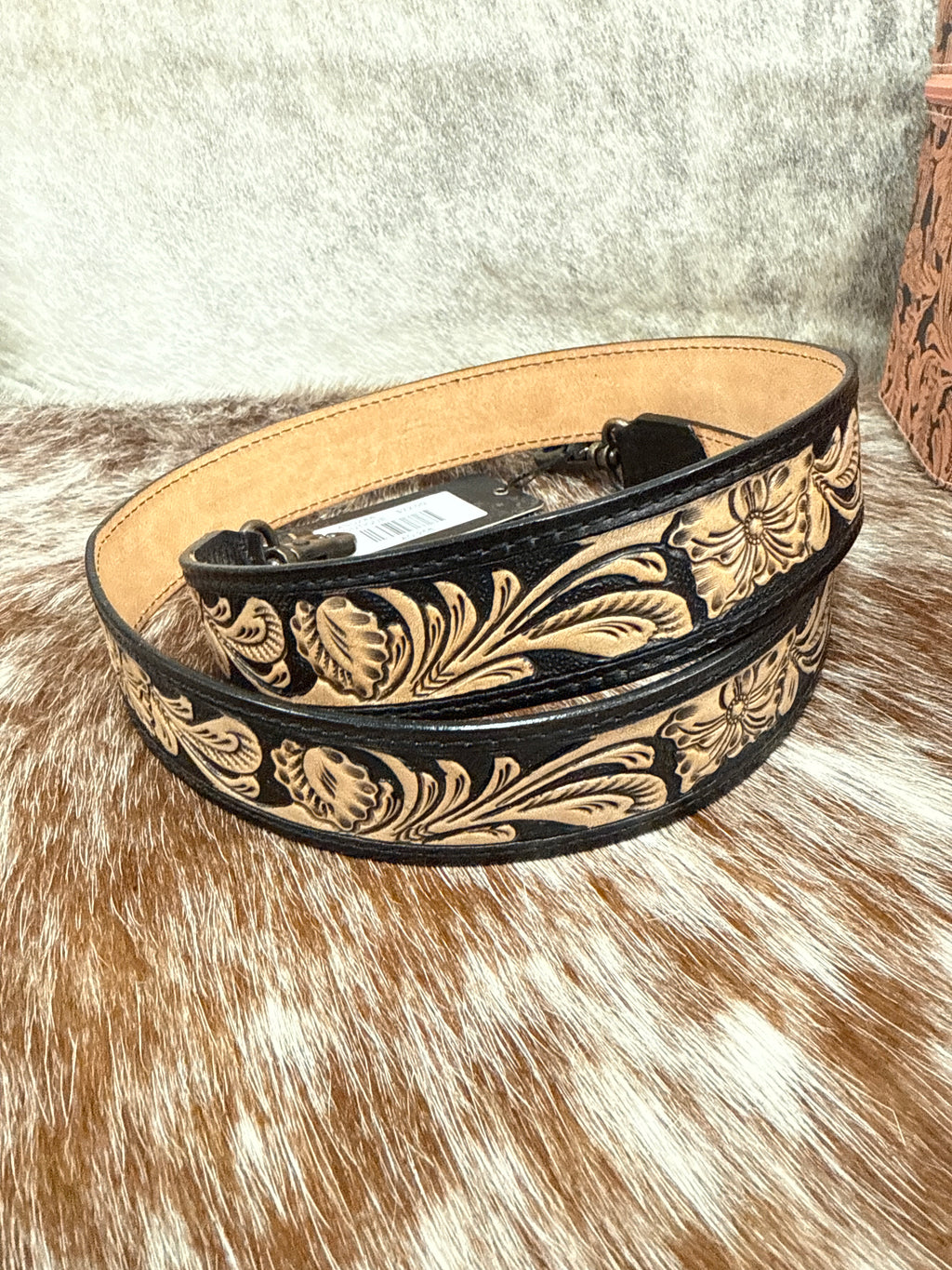 Black Filigree Tooled Leather Purse Strap