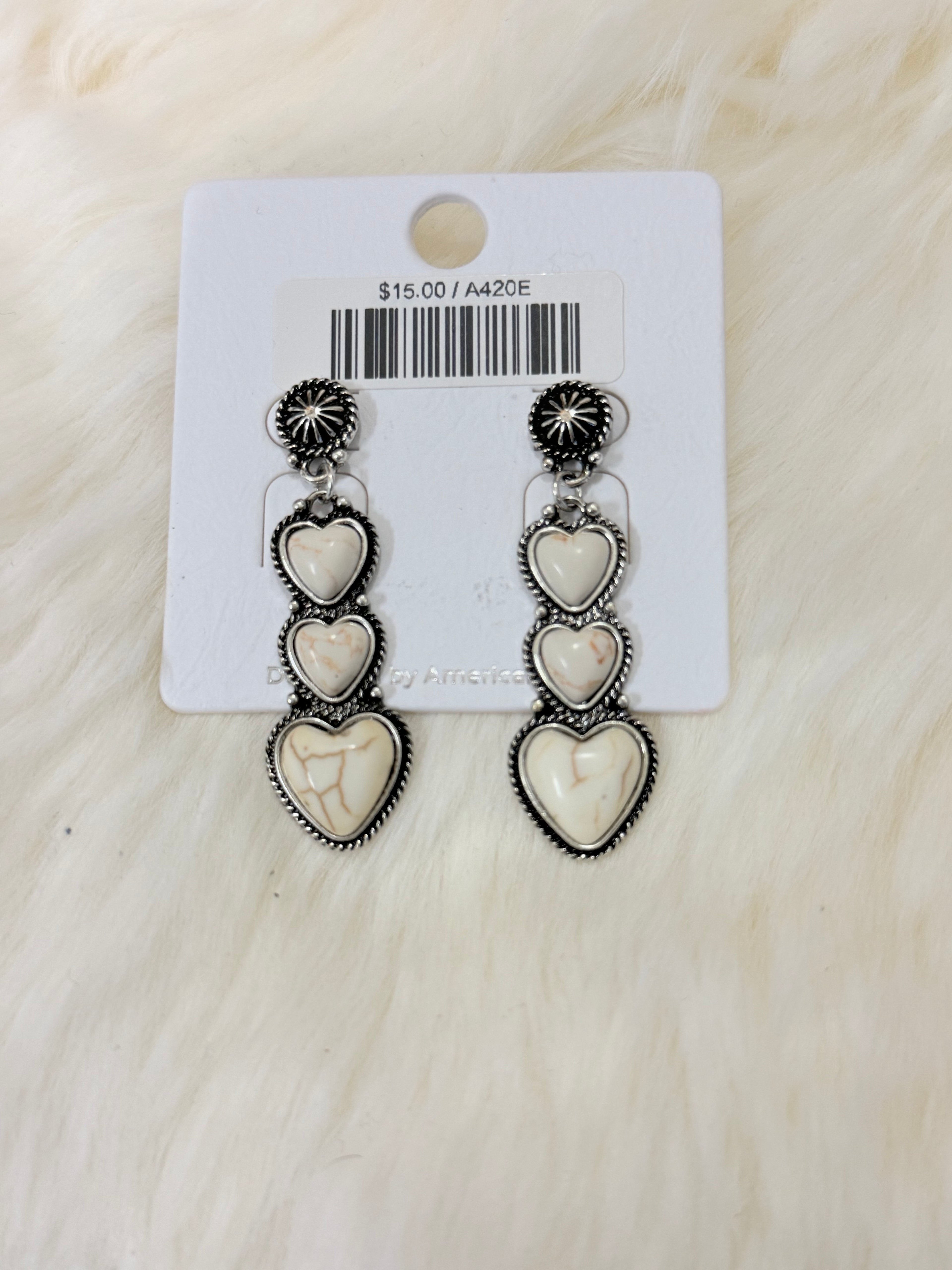 White 3-Heart Dangle Post Earrings