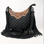 Black Quilt Tooled Fringe Crossbody