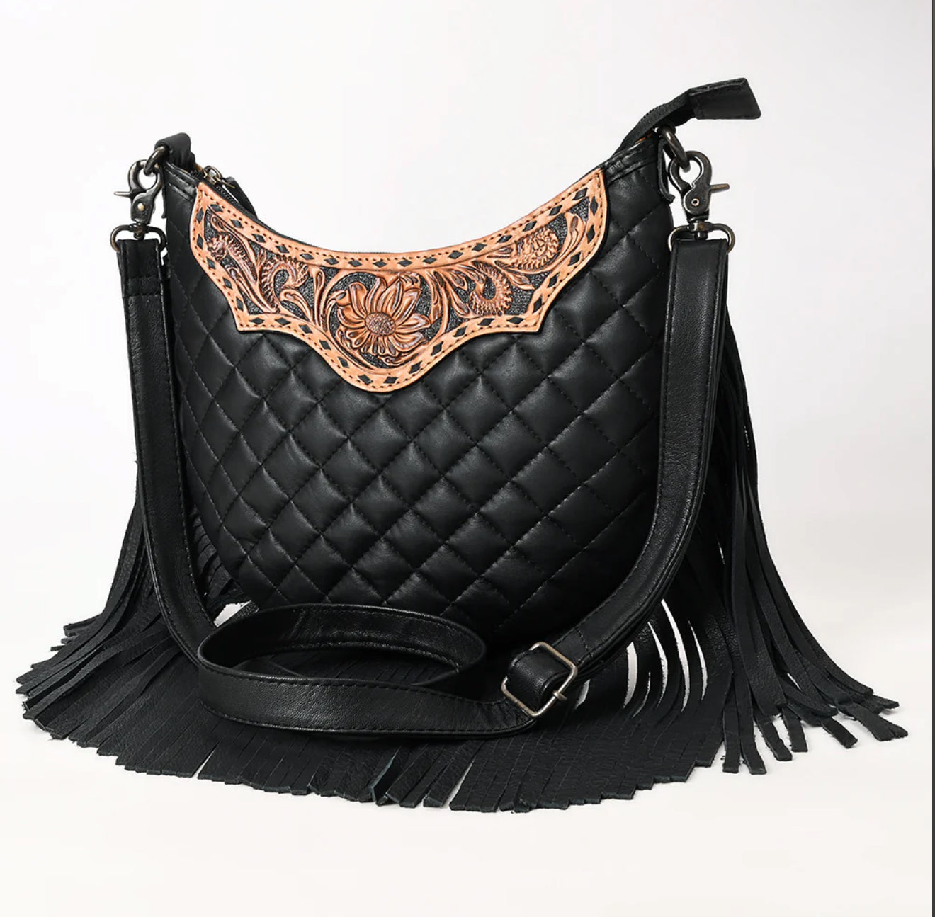 Black Quilt Tooled Fringe Crossbody