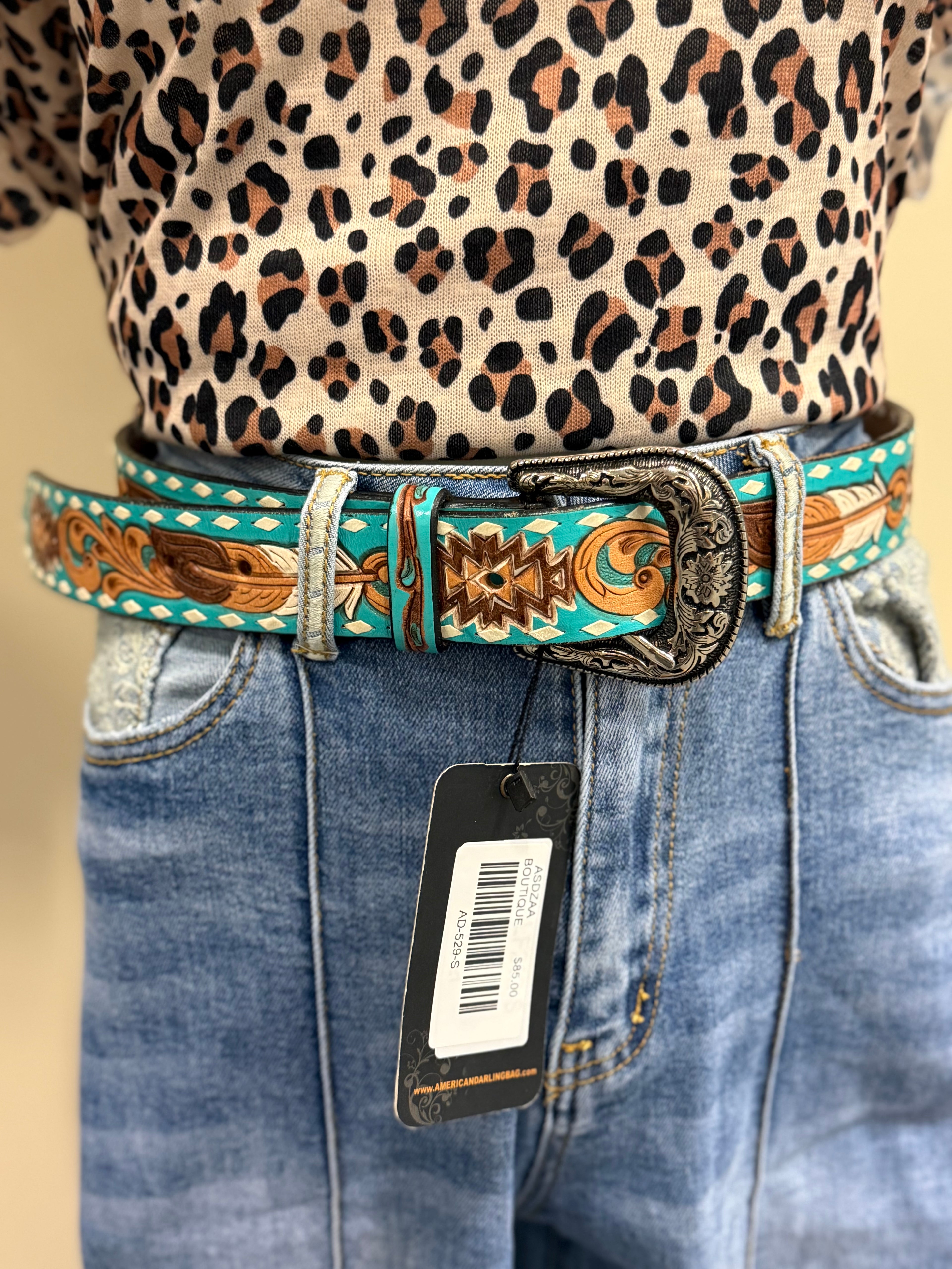 Turquoise Hand Tooled Leather Belt