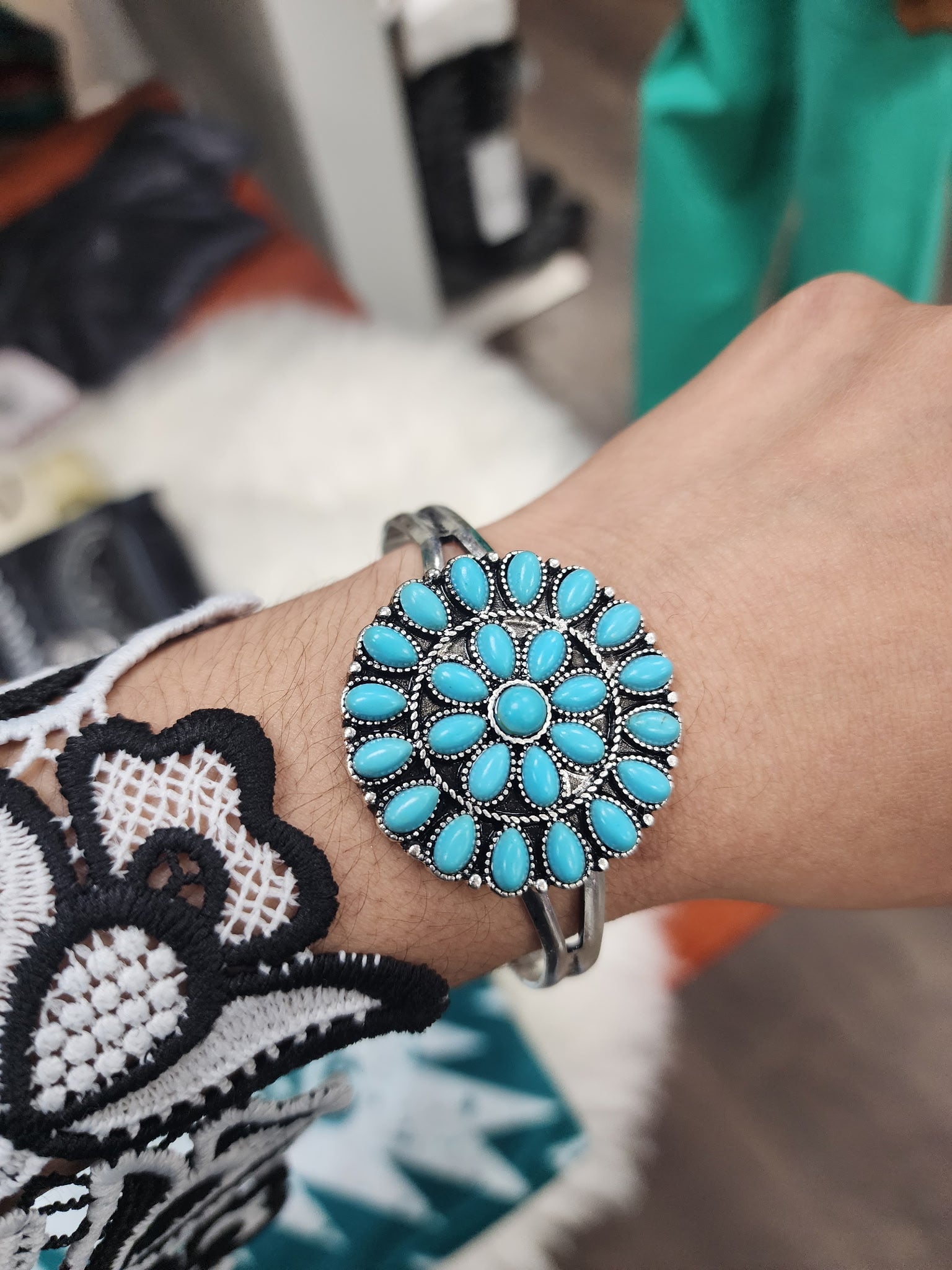 Turquoise Round Cluster Cuff Bracelet