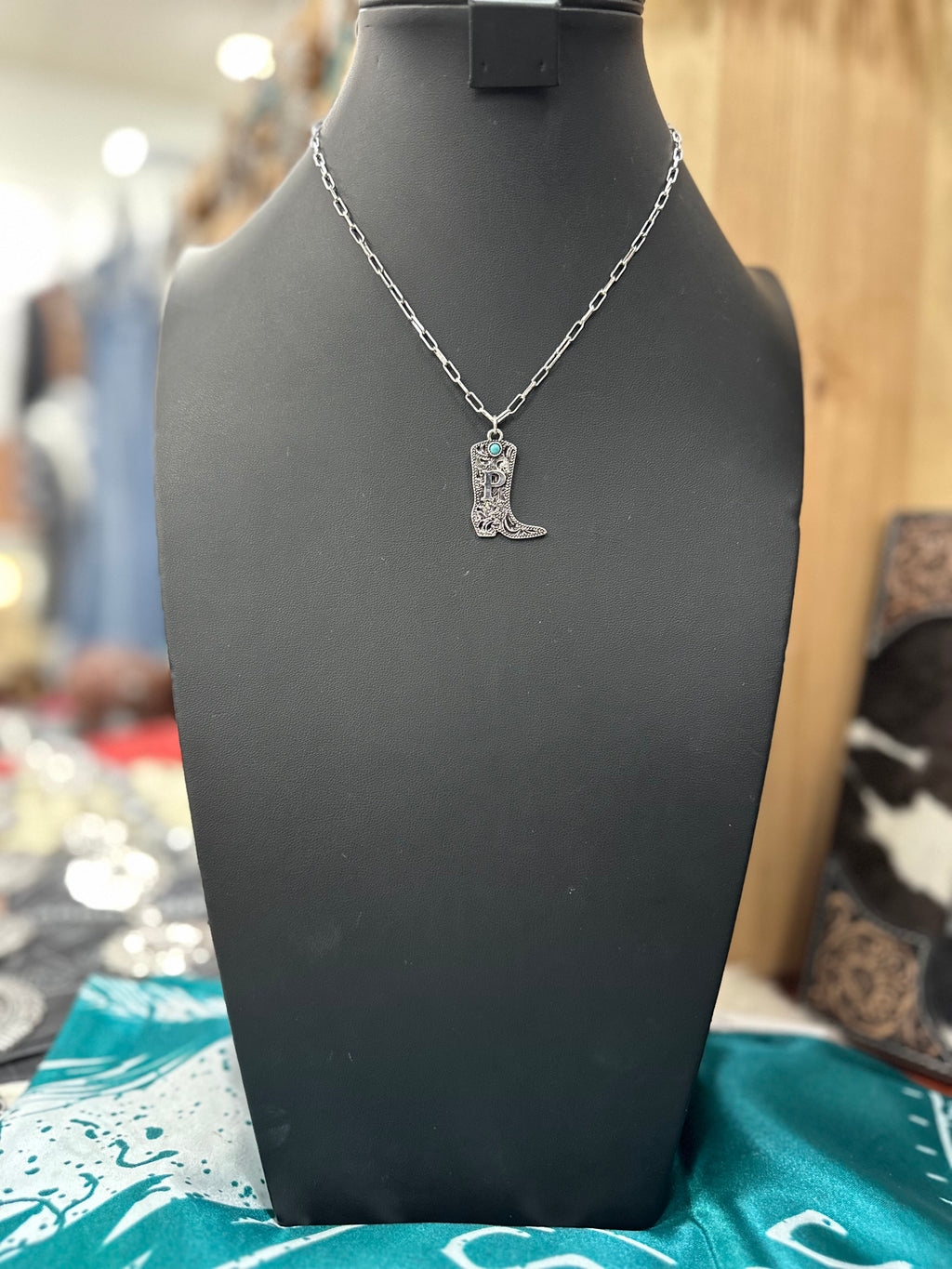 Turquoise Boot Scroll Letter Necklace