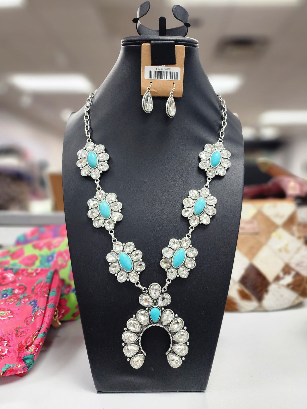 Crystal Cluster Squash Blossom Necklace and Earrings Set