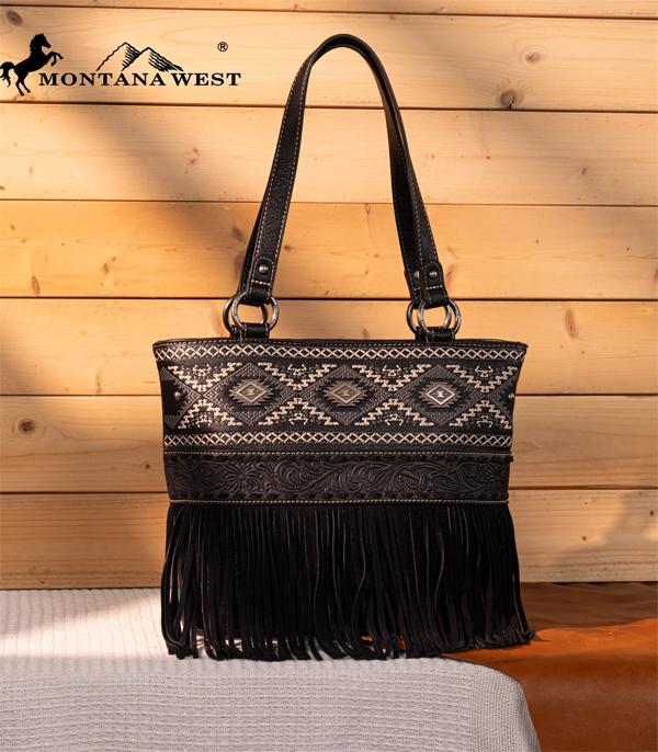 Montana West Embossed Aztec Fringe Tote Bag