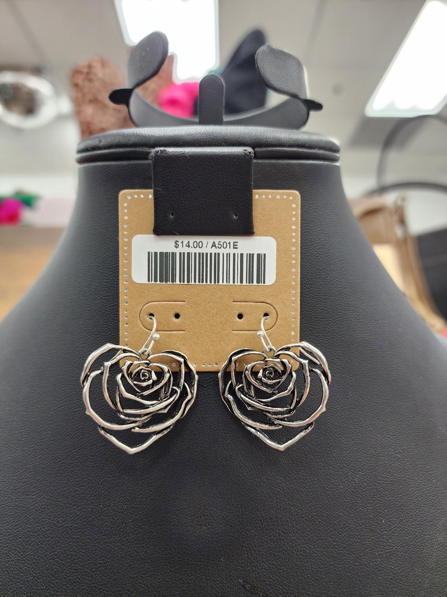 Silver Rose Heart Fishhook Earrings