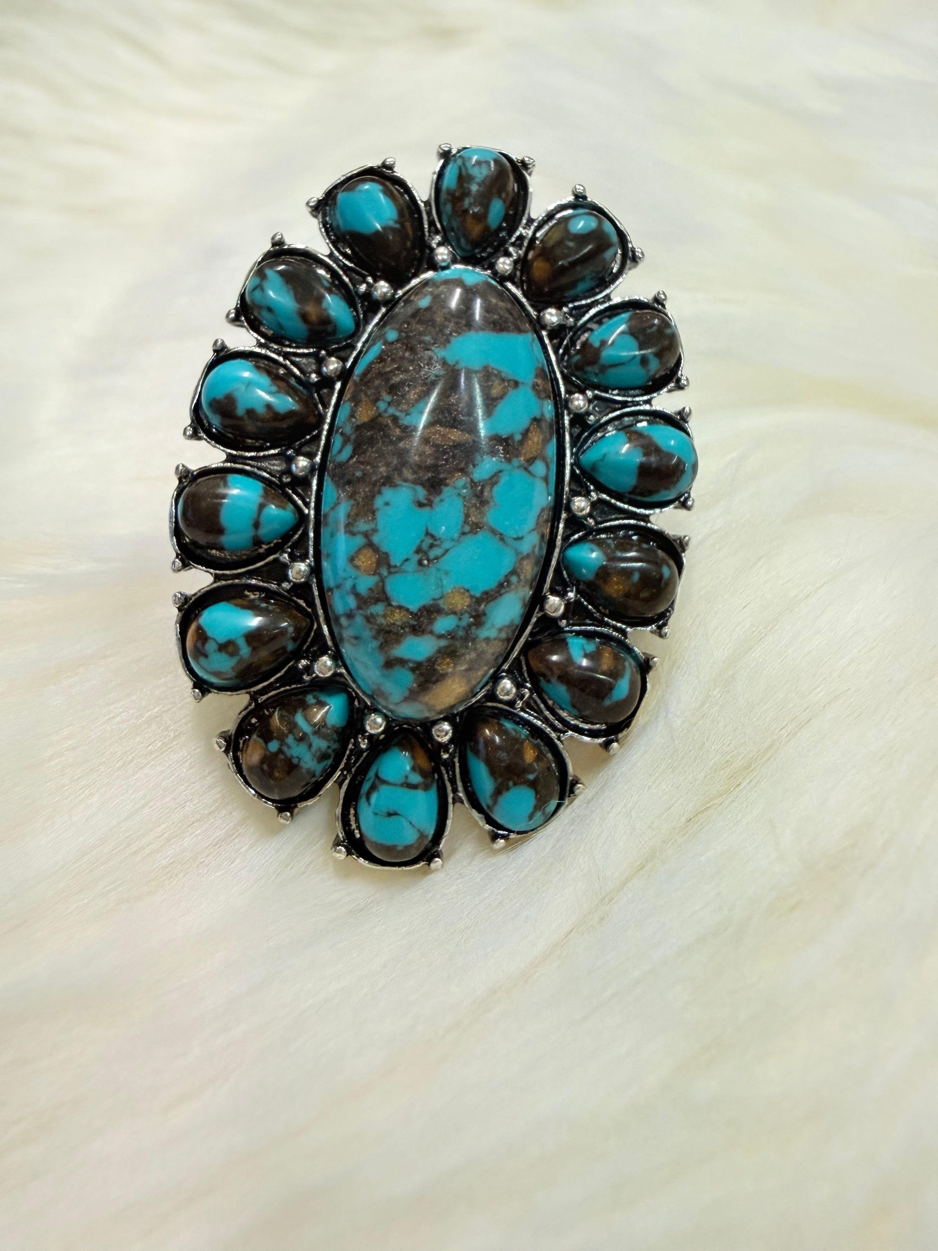Turquoise Natural Cluster Cuff Ring