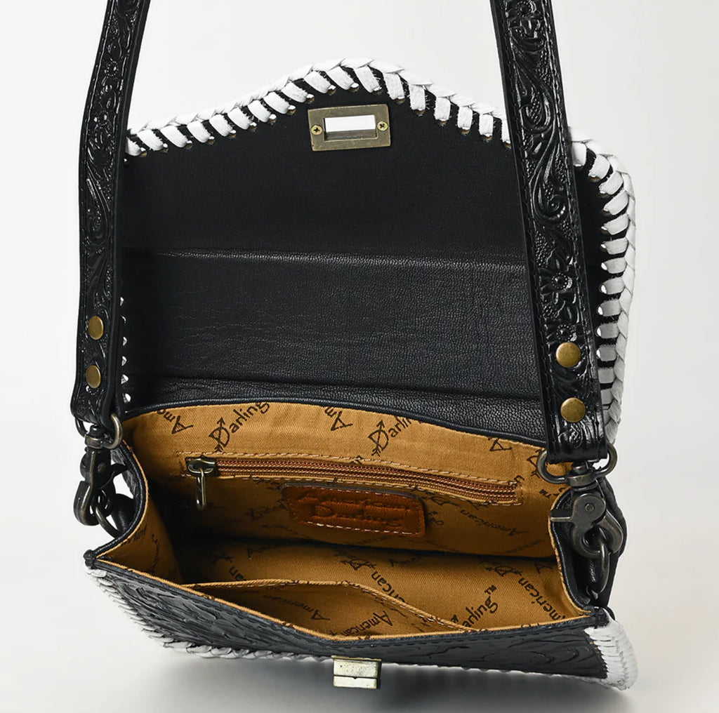 Black Tooled Leather Stitched Handbag