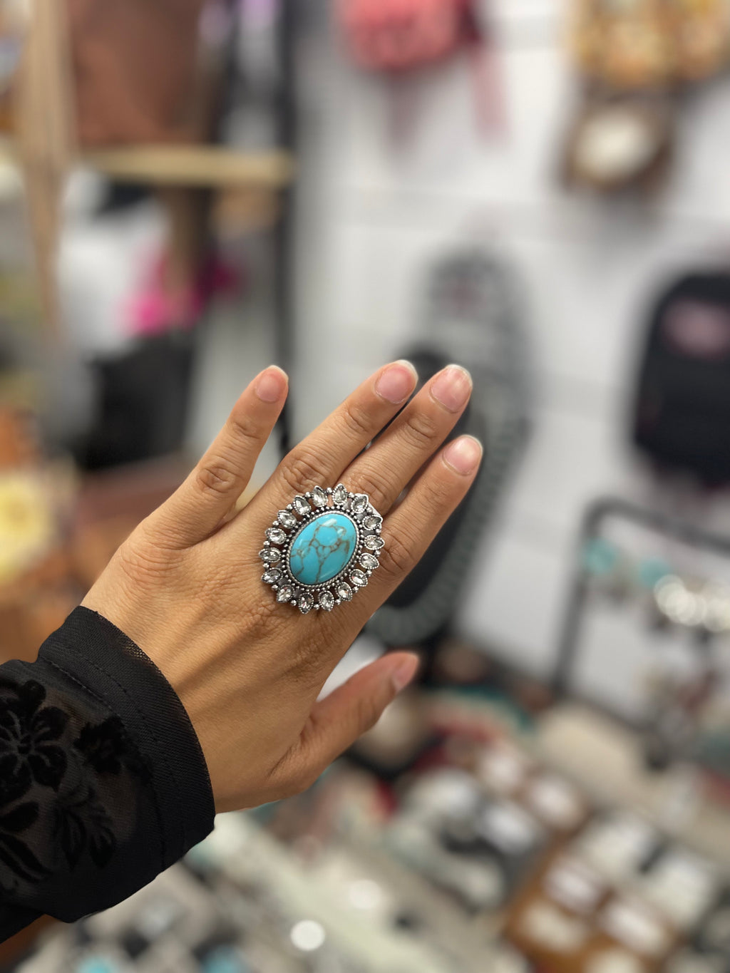 Turquoise Stone Crystal Cluster Cuff Ring