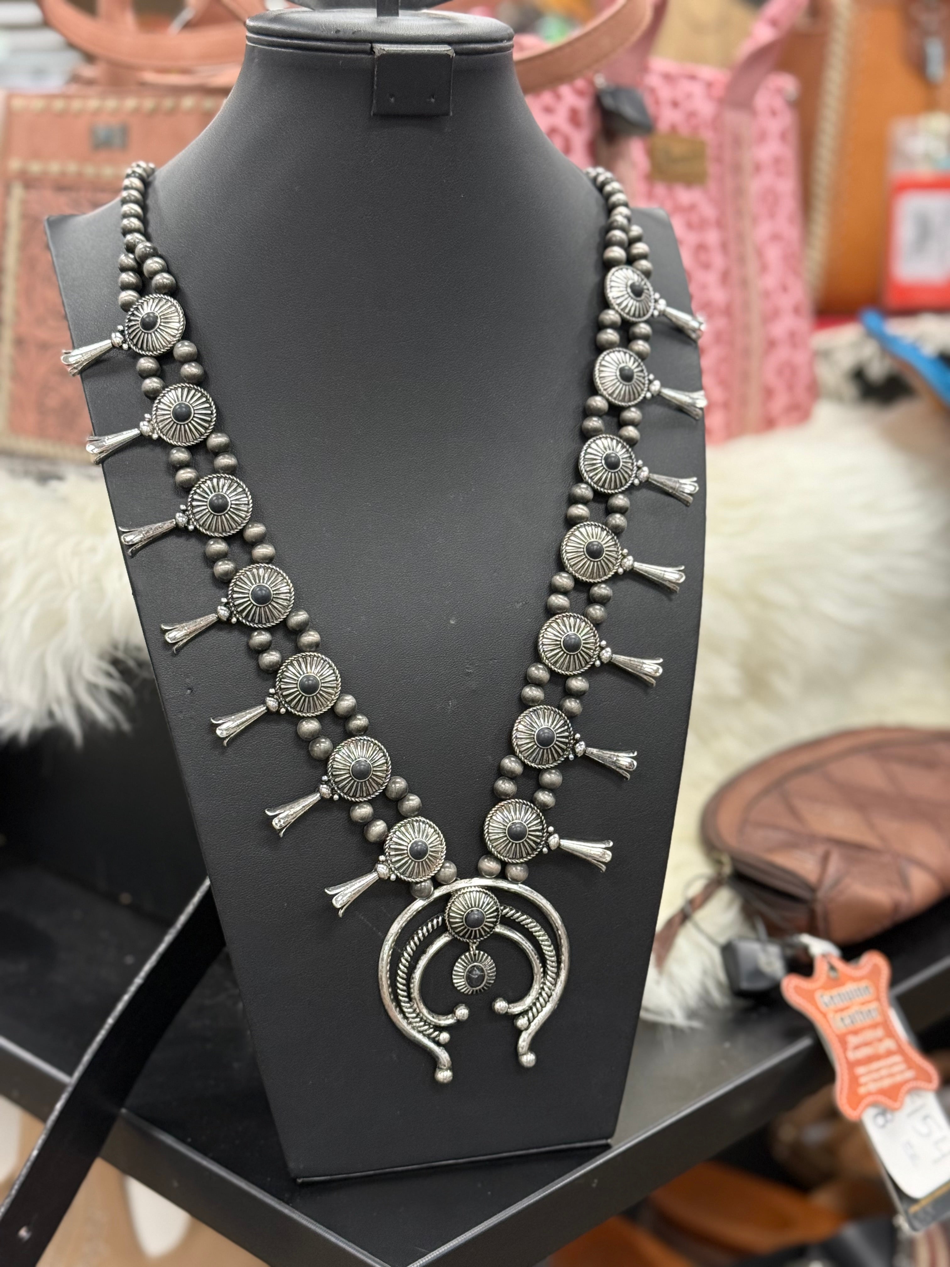 Black Stone Concho Squash Blossom Necklace