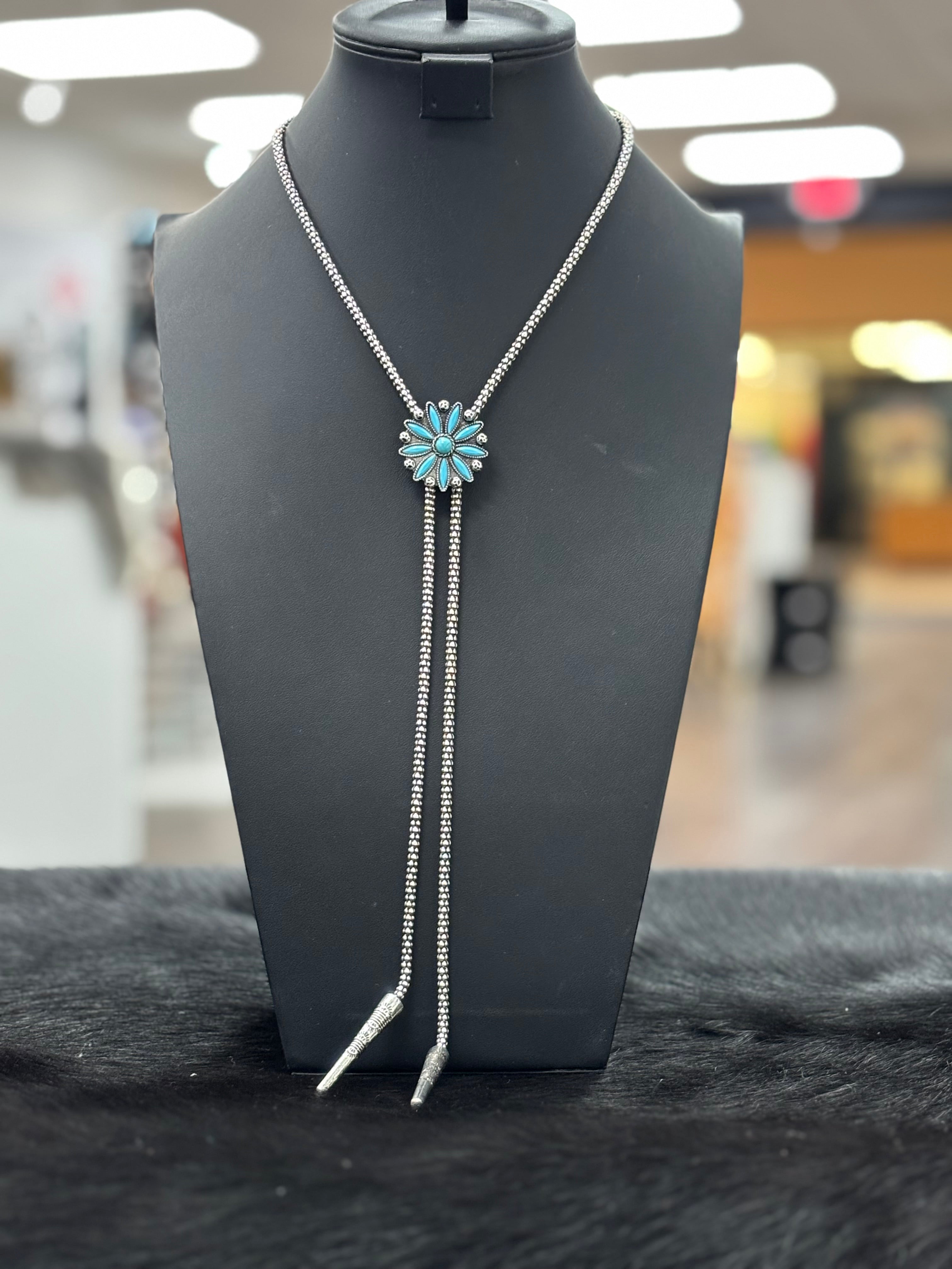 Turquoise Floral Cluster Bolo Necklace