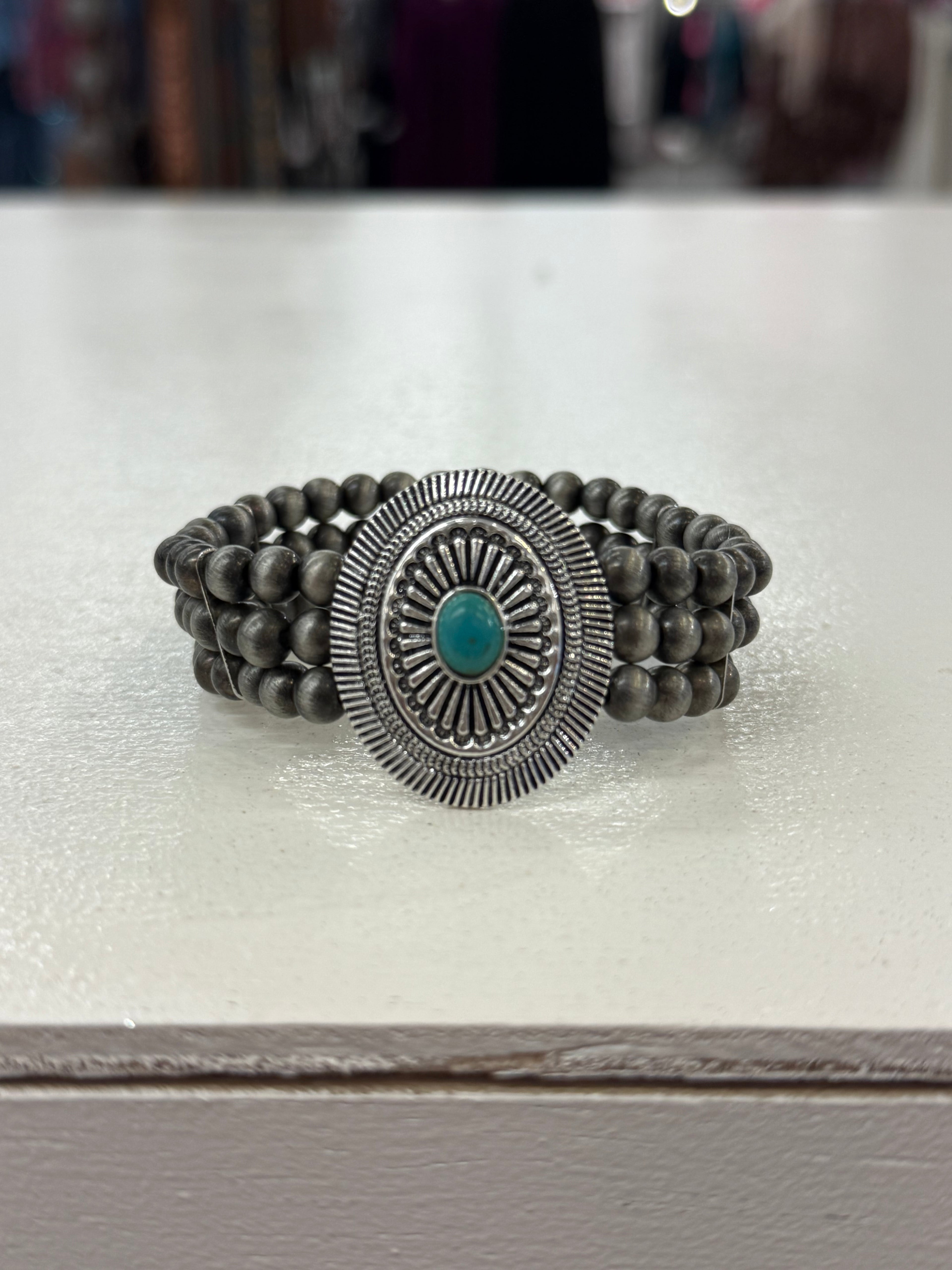 Turquoise Stamped Concho Stretch Bracelet