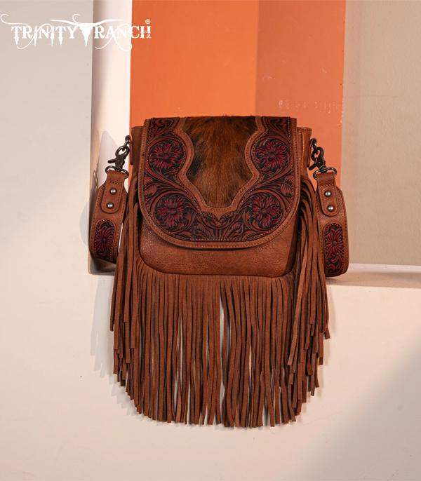 Trinity Ranch Brown Embossed Hair-On Fringe Crossbody