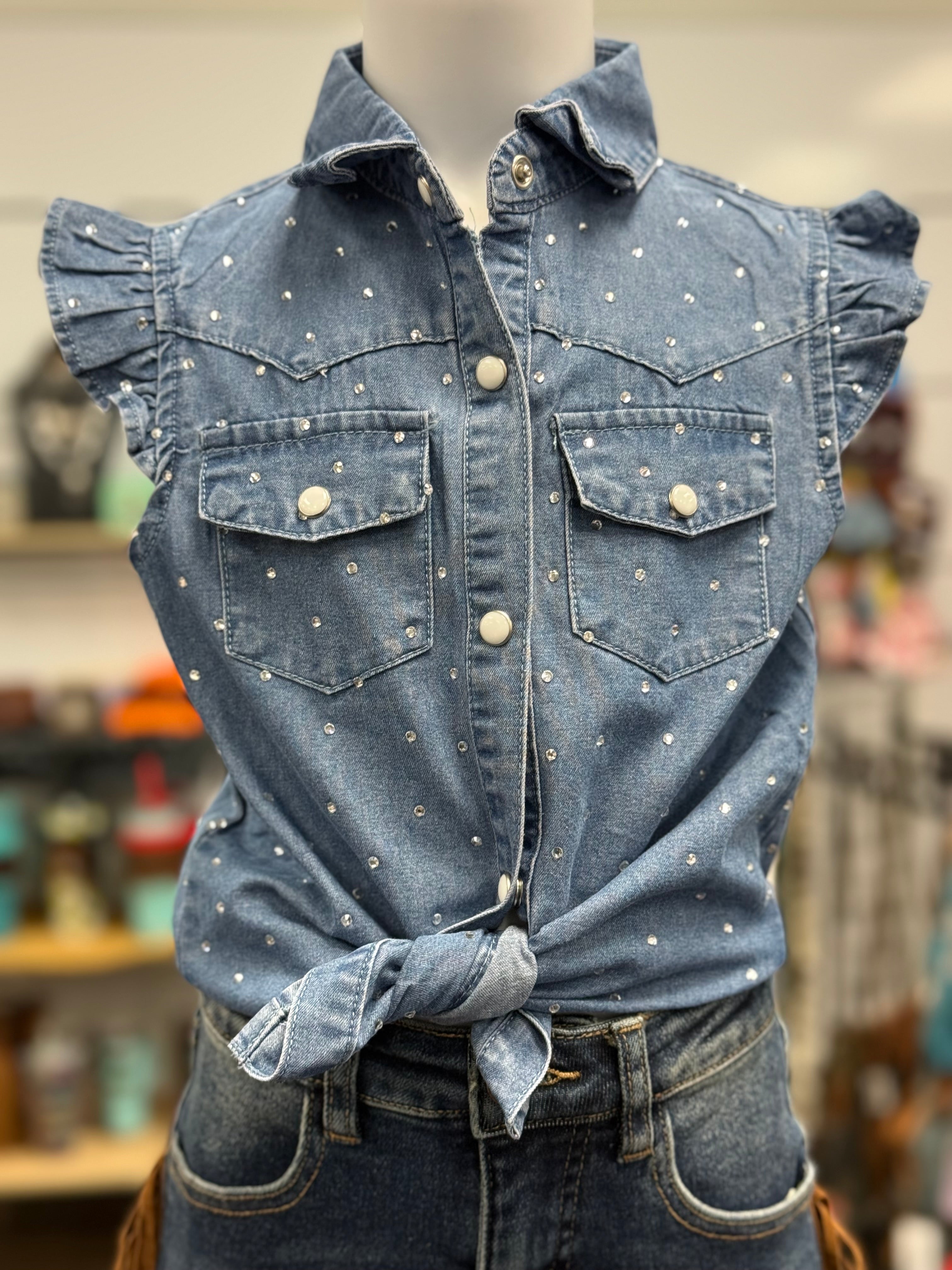 Kids Crystal Denim Flutter Top