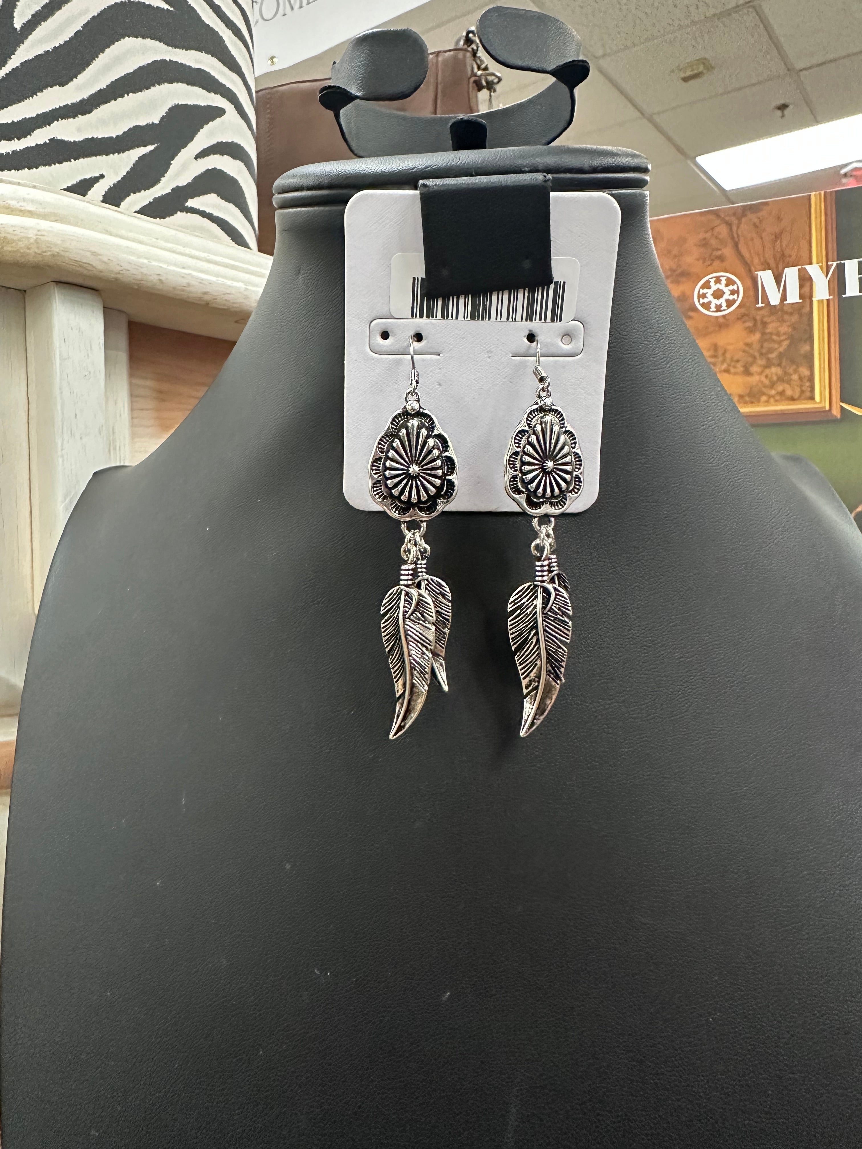 Concho Stamped Feather Fishhook Earrings