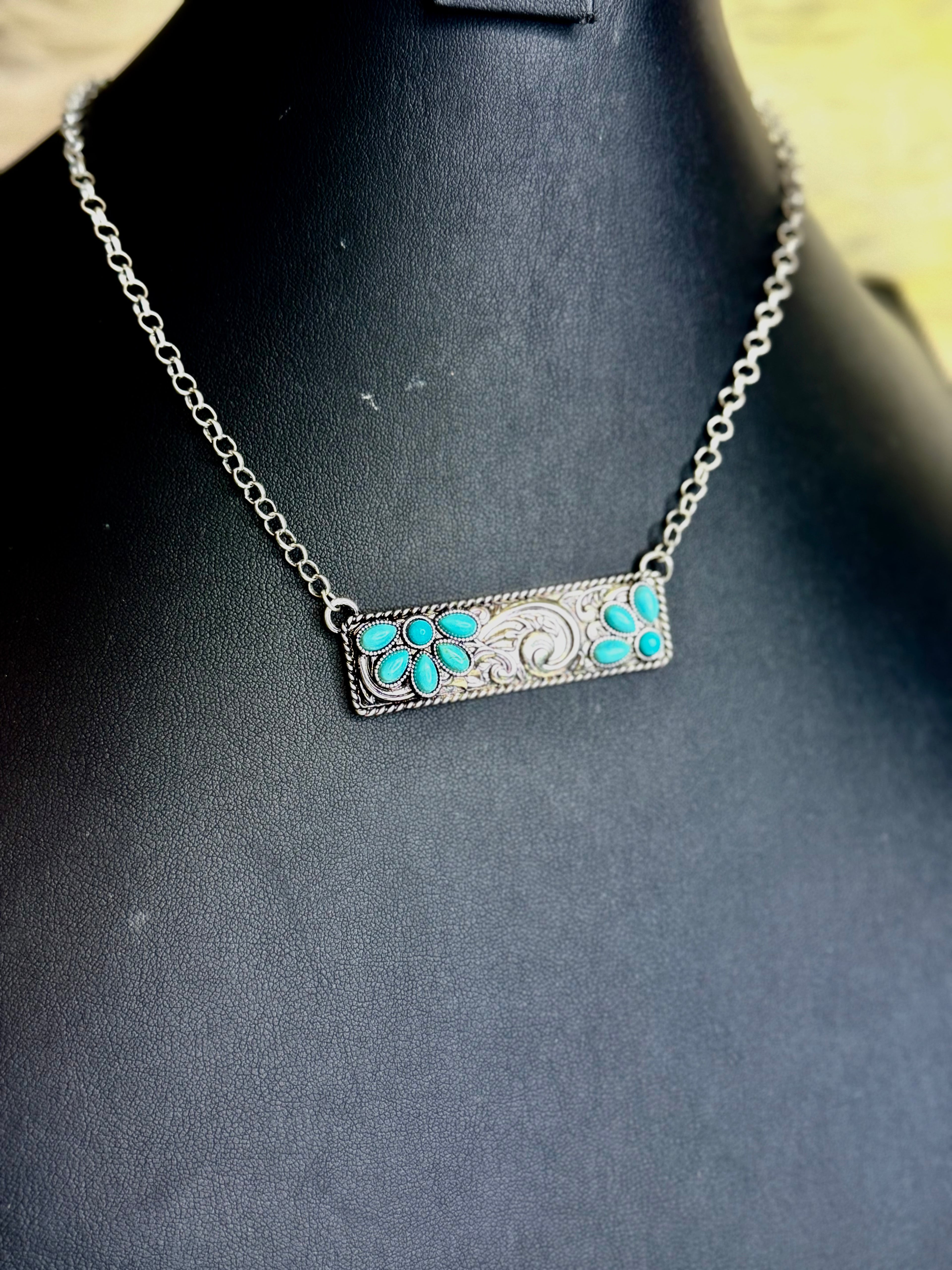 Turquoise Floral Cluster Bar Necklace