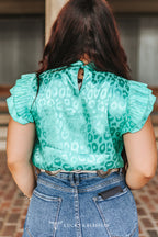 Turquoise Leopard Satin Flutter Top