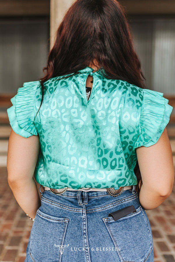 Turquoise Leopard Satin Flutter Top