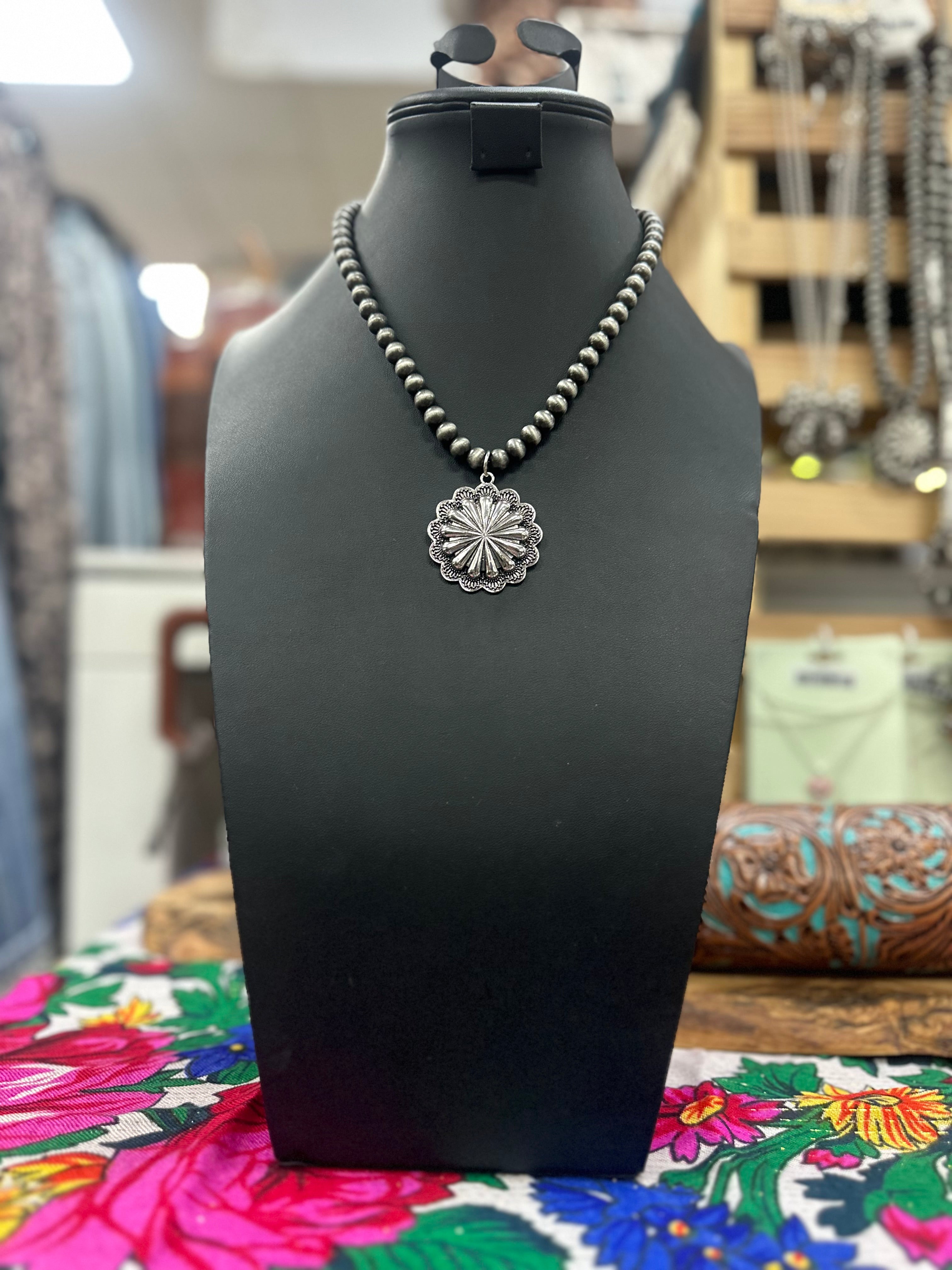 Silver Concho Pearl Pendant Necklace