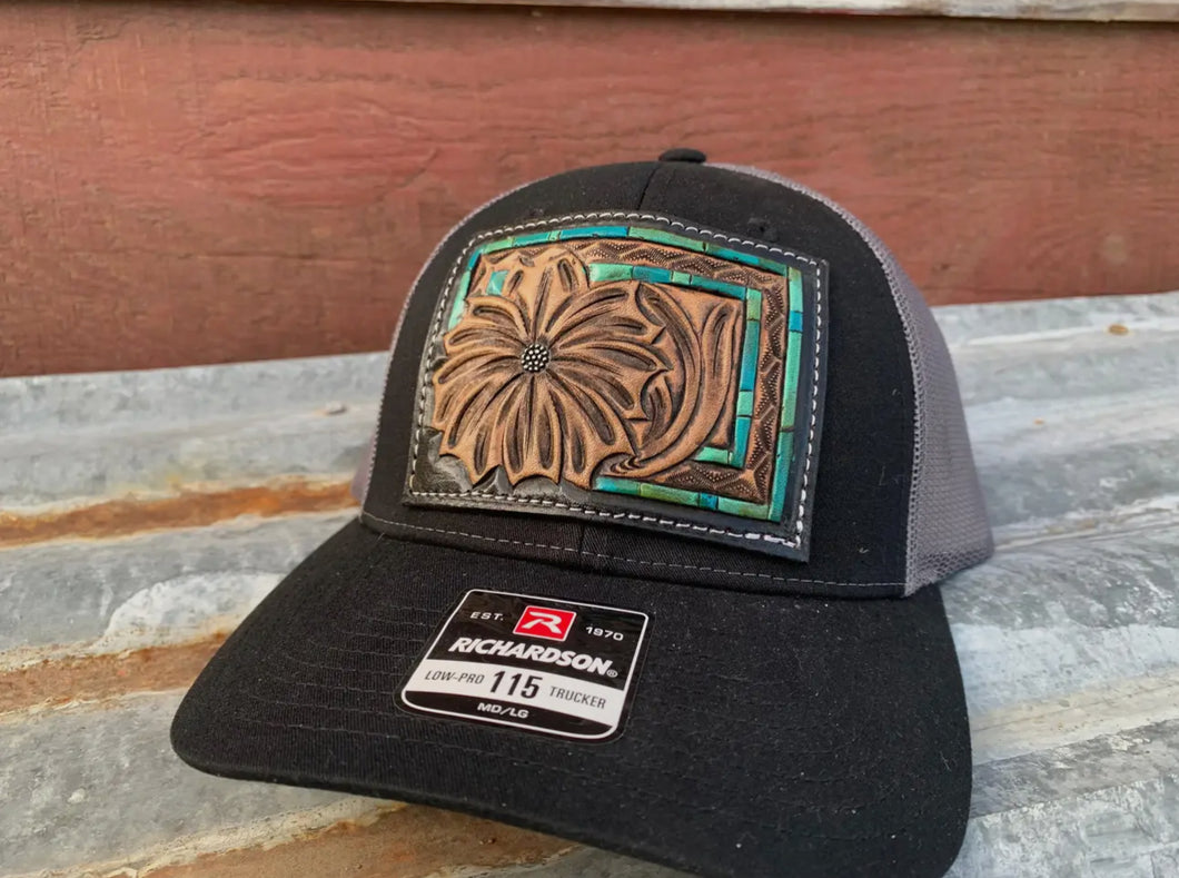 Black Turquoise Hand Tooled Cap