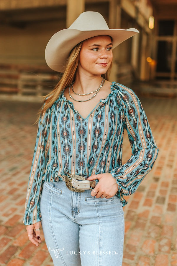 Jade Southwestern Ruffle V Top