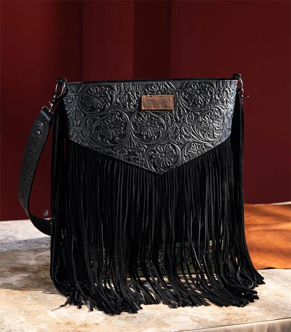 Wrangler Black Embossed Fringe Crossbody/Shoulder Bag