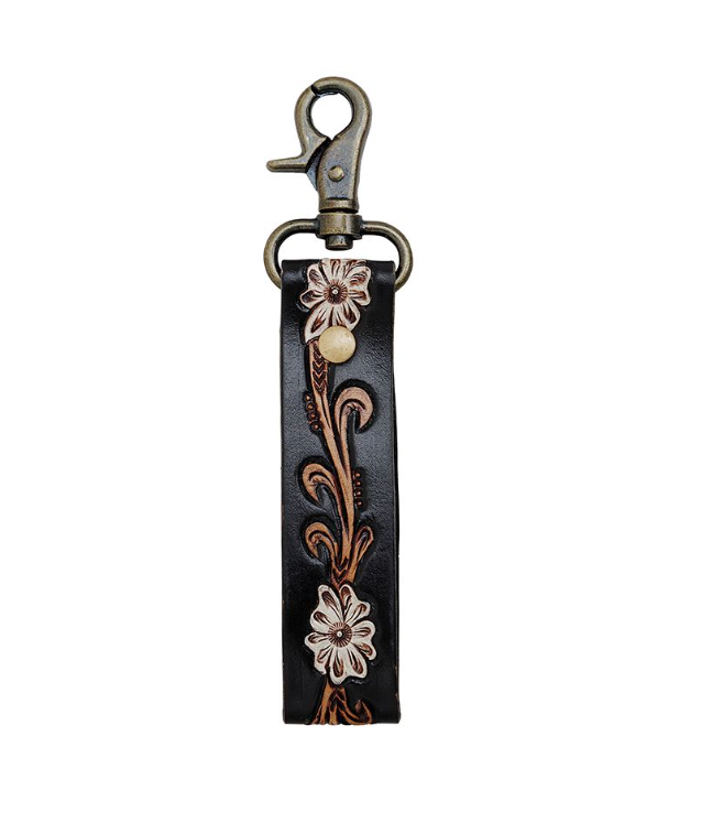 Black Floral Hand Tooled Leather Fob