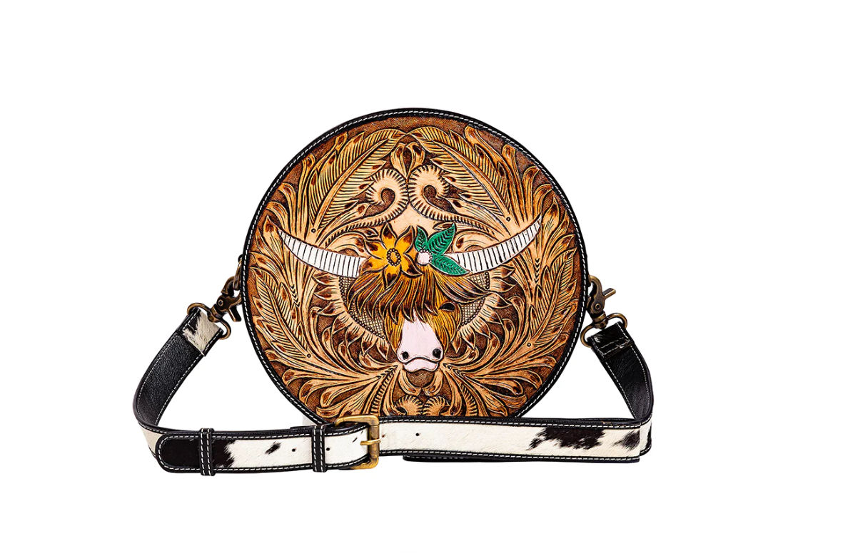 Bloomin' Steer Hand Tooled Leather Round Bag
