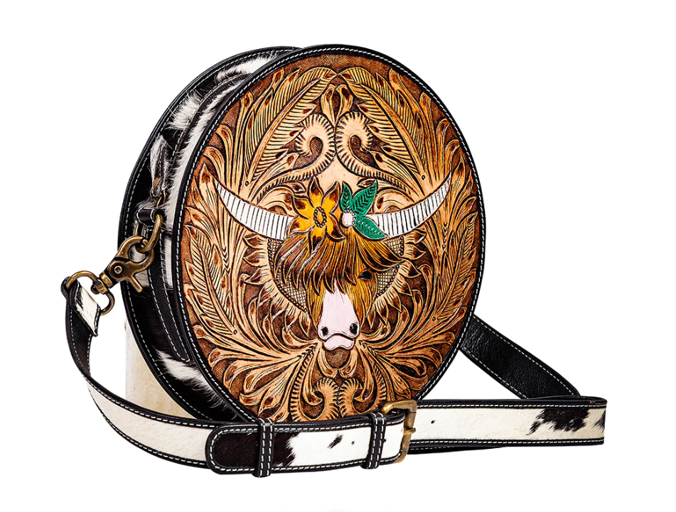 Bloomin' Steer Hand Tooled Leather Round Bag