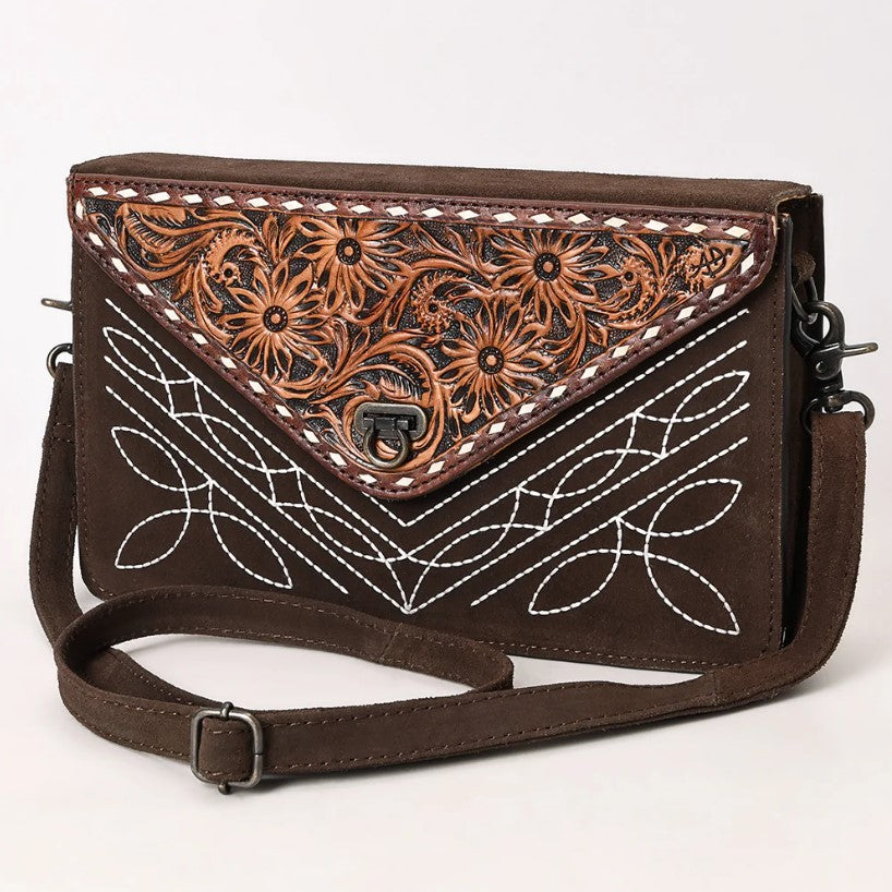 Brown Boot Stitch Hand Tooled Crossbody
