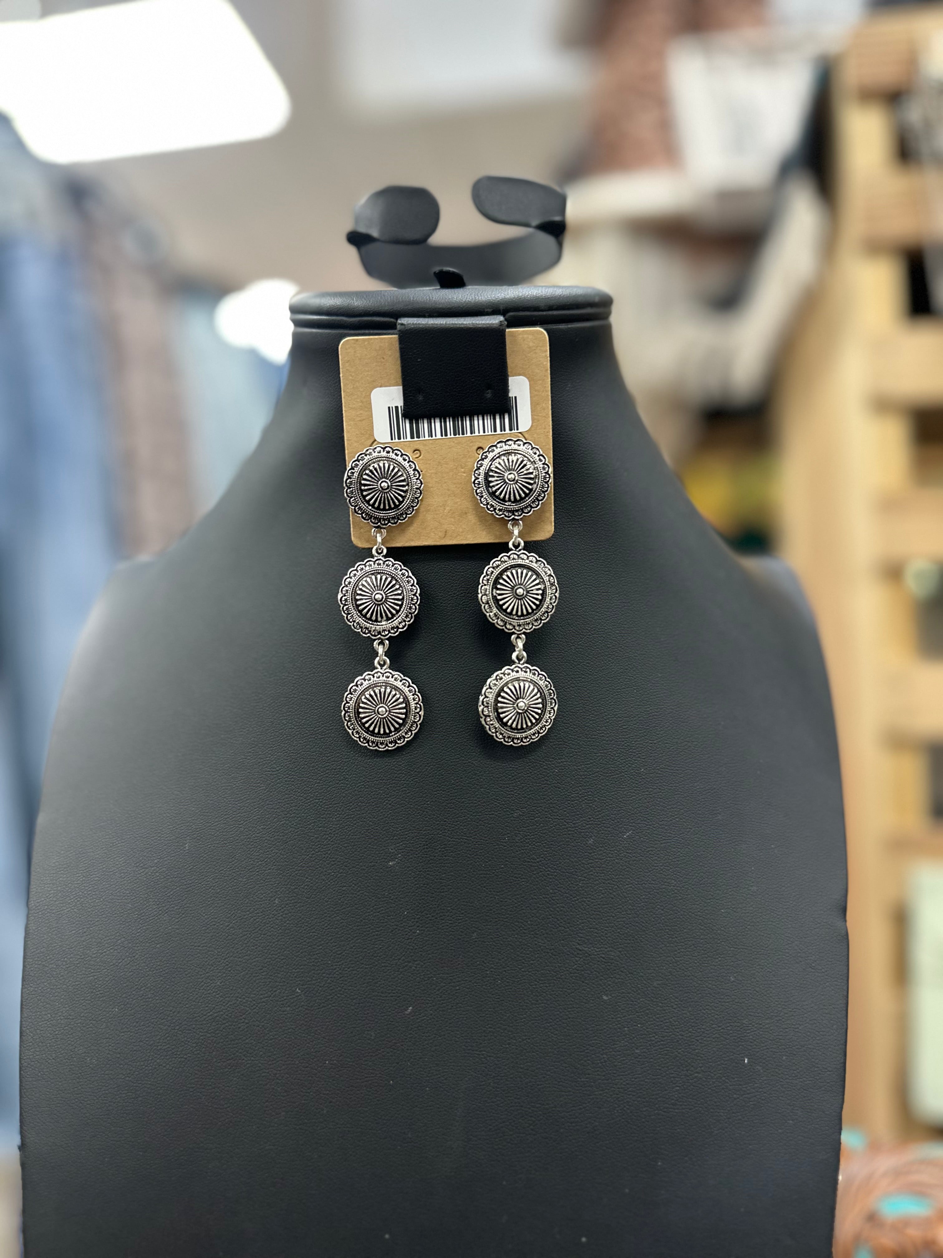 3-Tier Round Stamped Concho Post Earrings