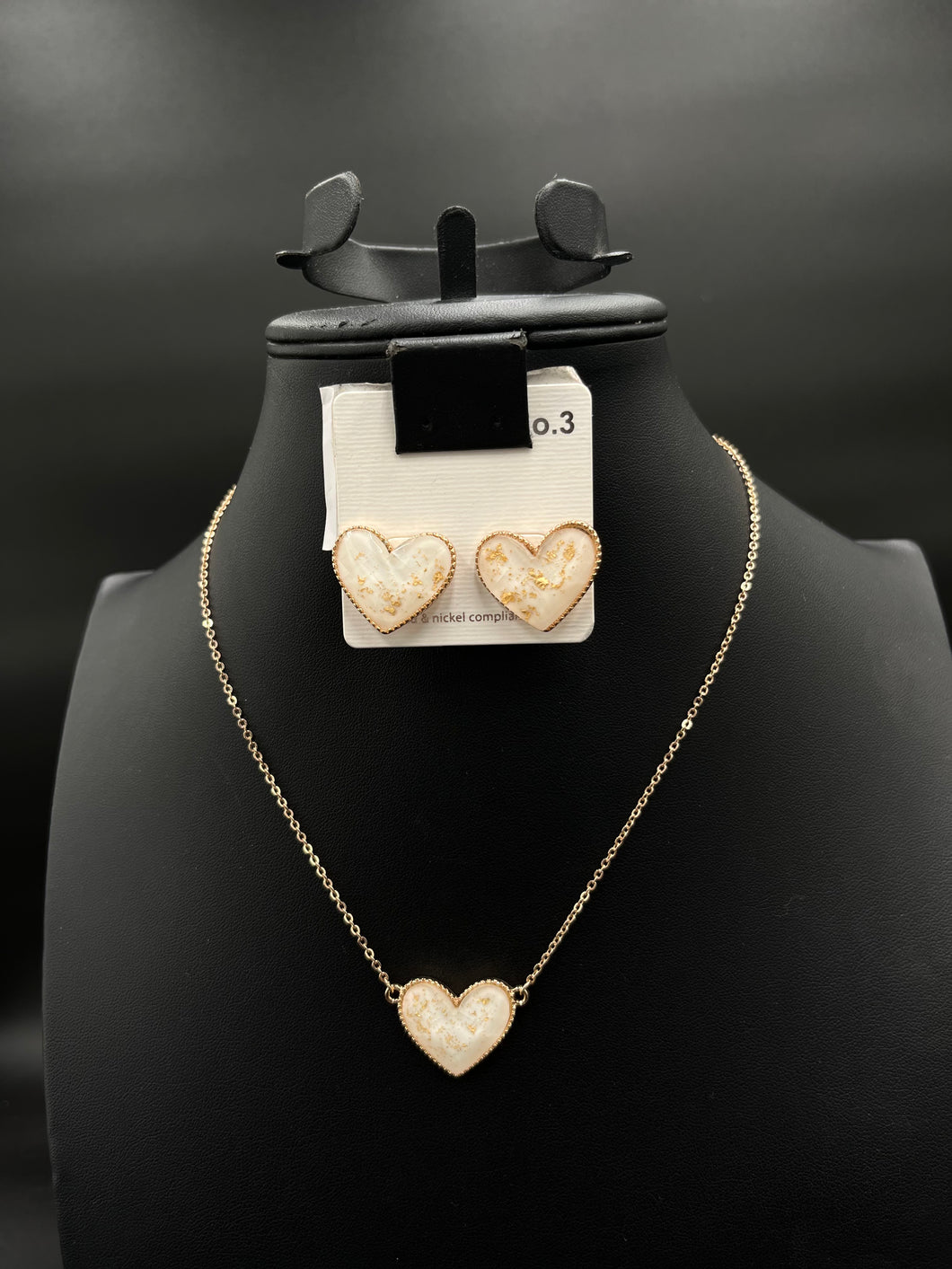 White Crackle Heart Necklace and Earrings Set