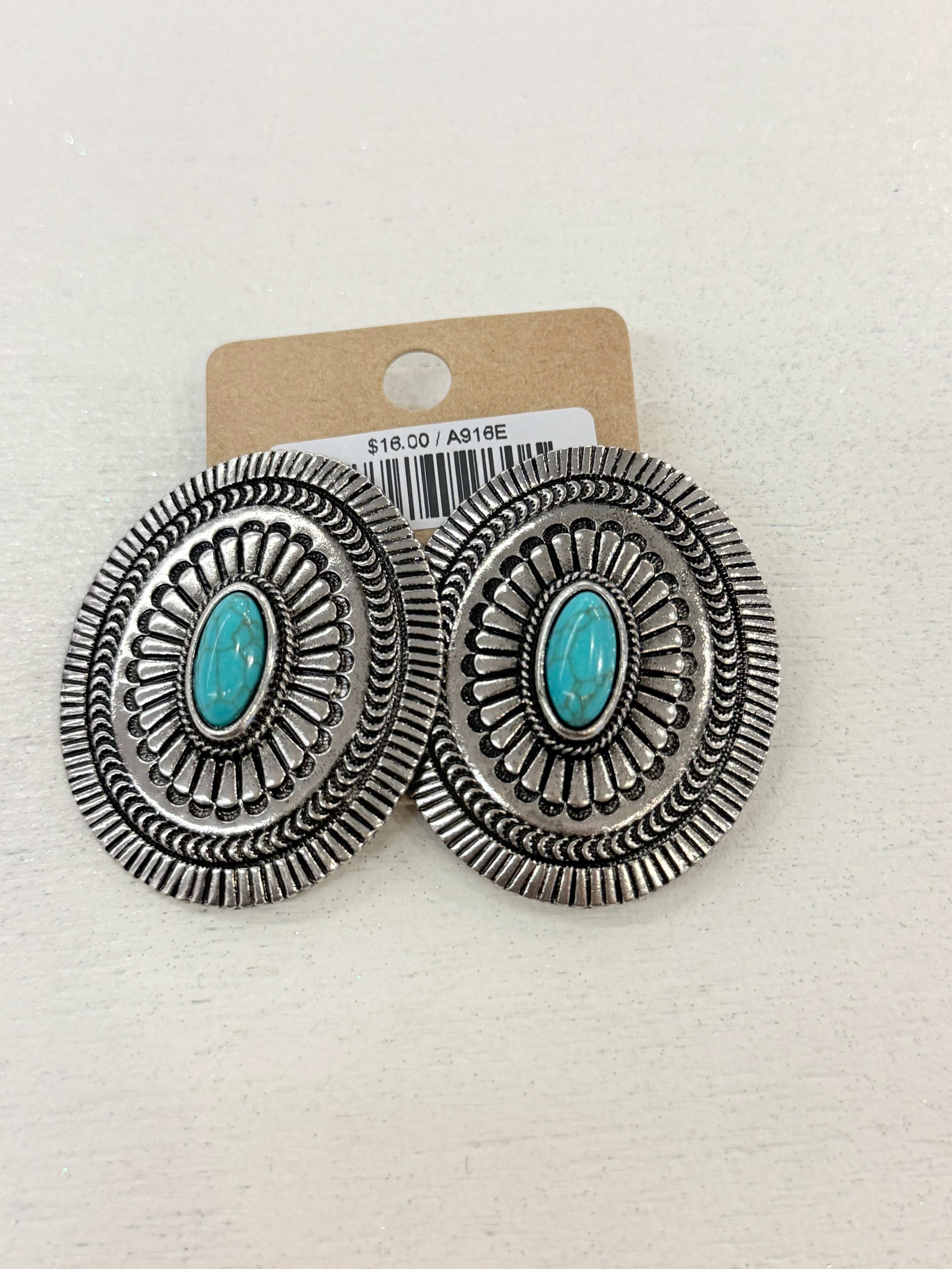 Turquoise Stamped Concho Clip-On Earrings