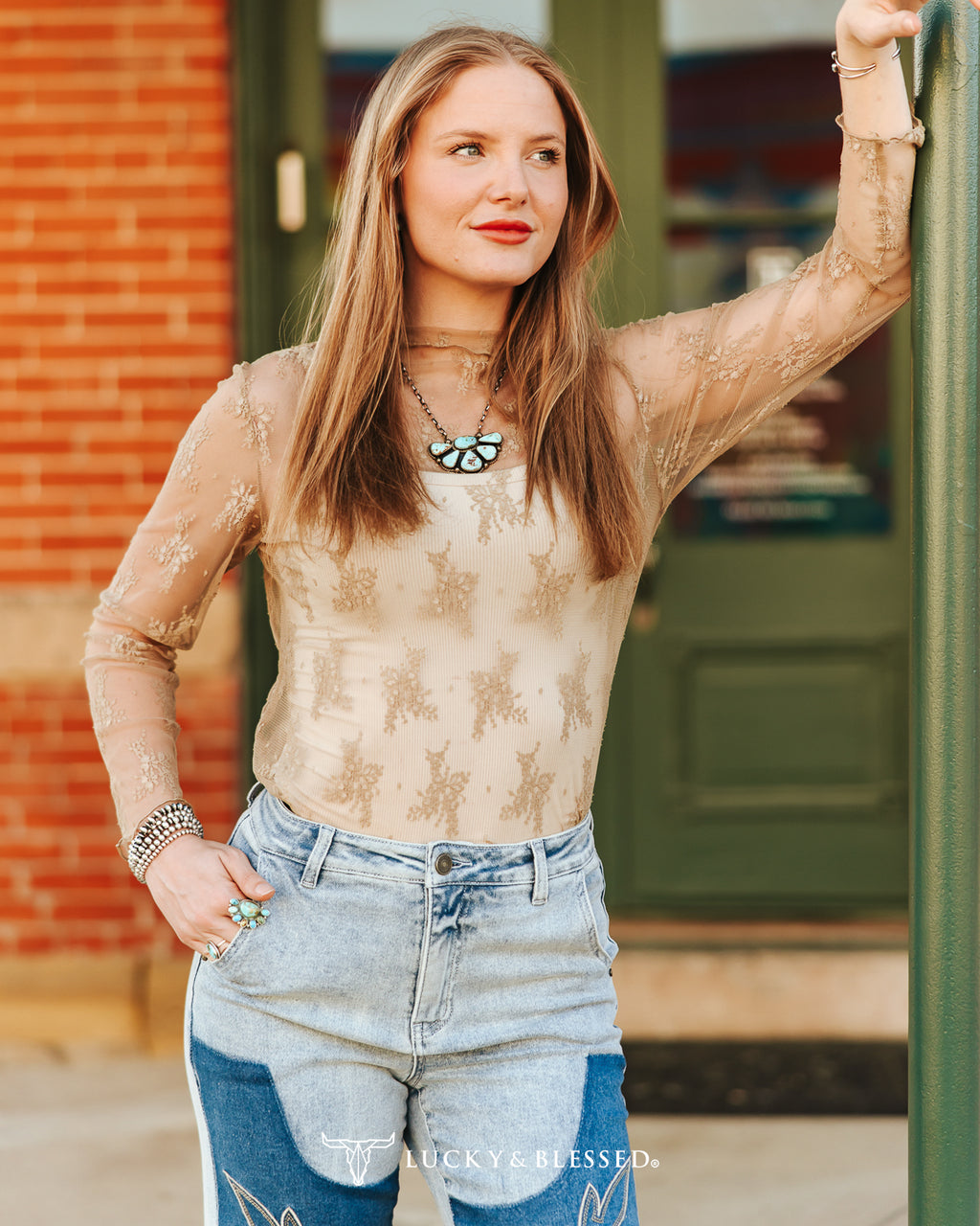 Tan Floral Long Sleeve Mesh Top