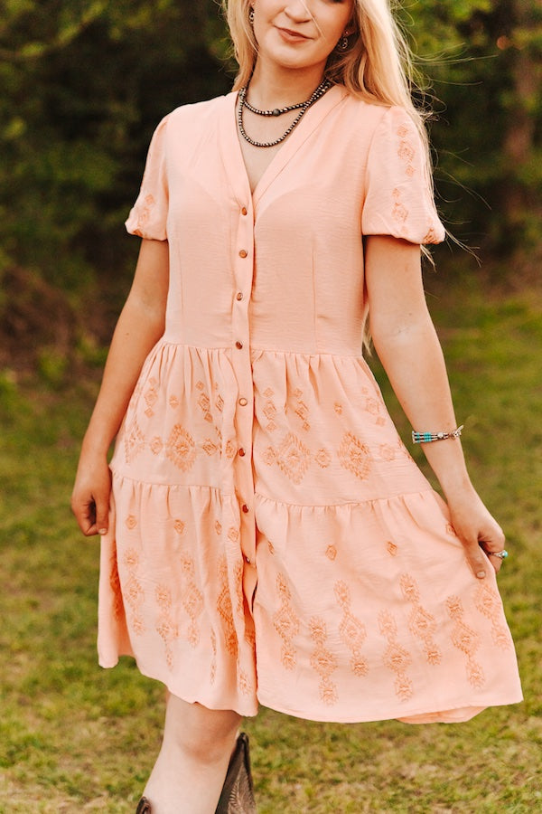 Peach Aztec Embroidered Dress