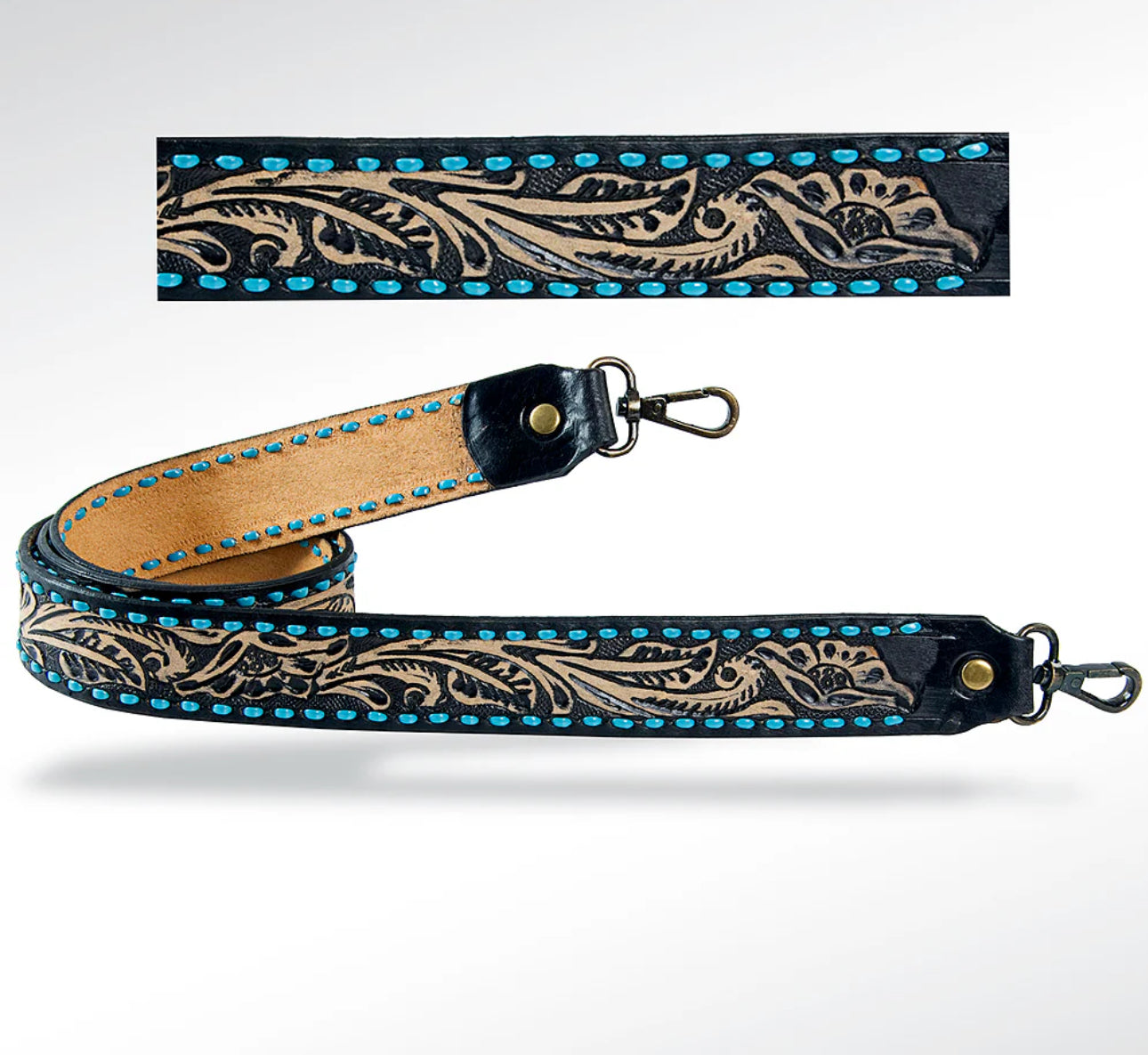 Turquoise Stitched Hand Tooled Leather Purse Strap