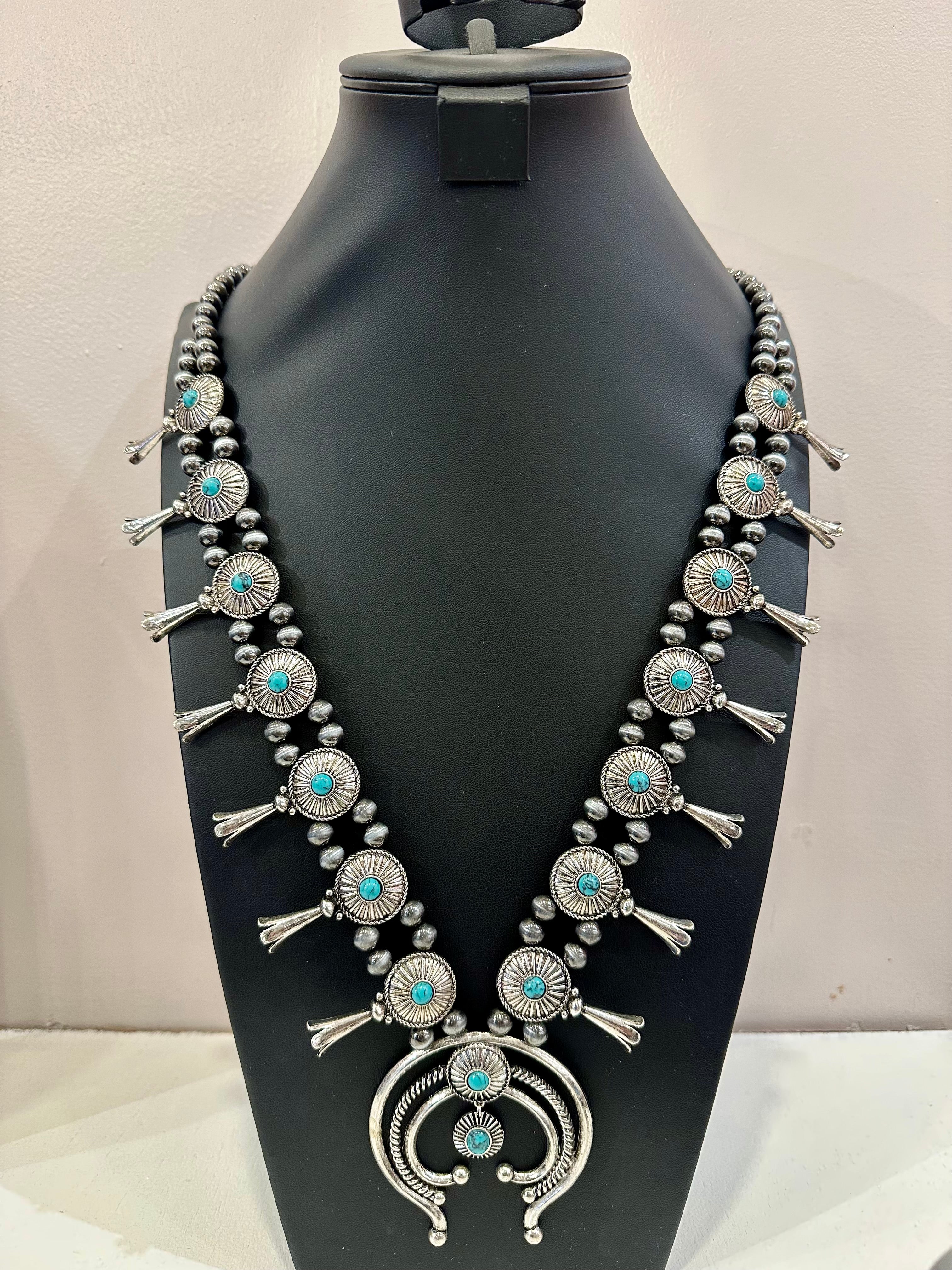Turquoise Stone Concho Squash Blossom Necklace
