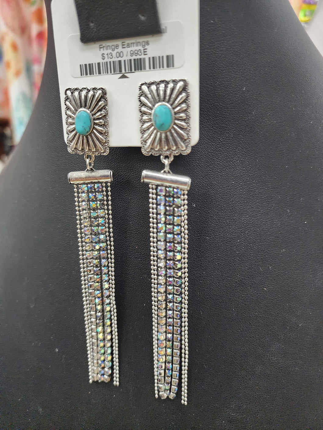 Turquoise Concho Crystal Fringe Earrings