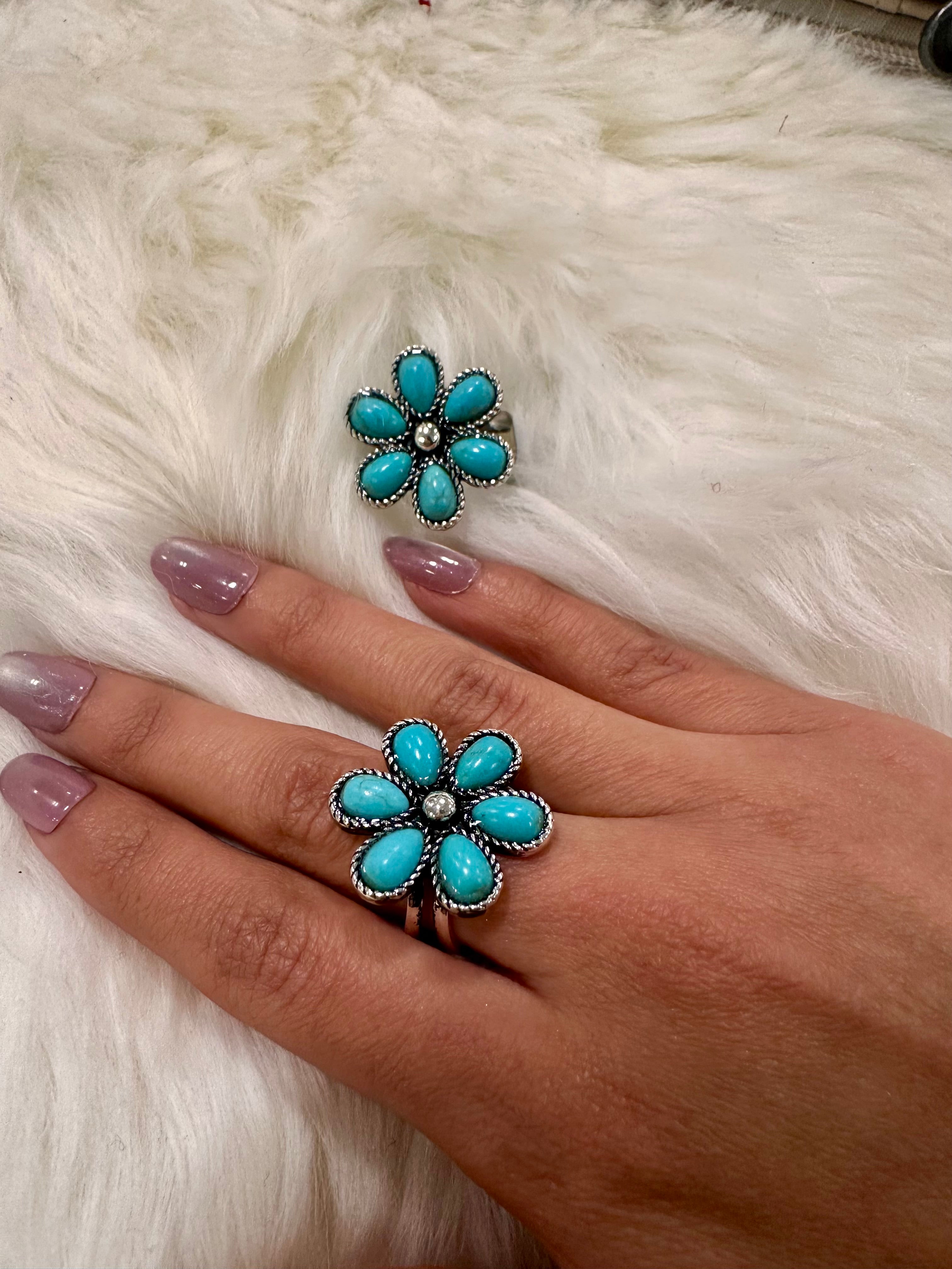 Turquoise Floral Cluster Cuff Ring