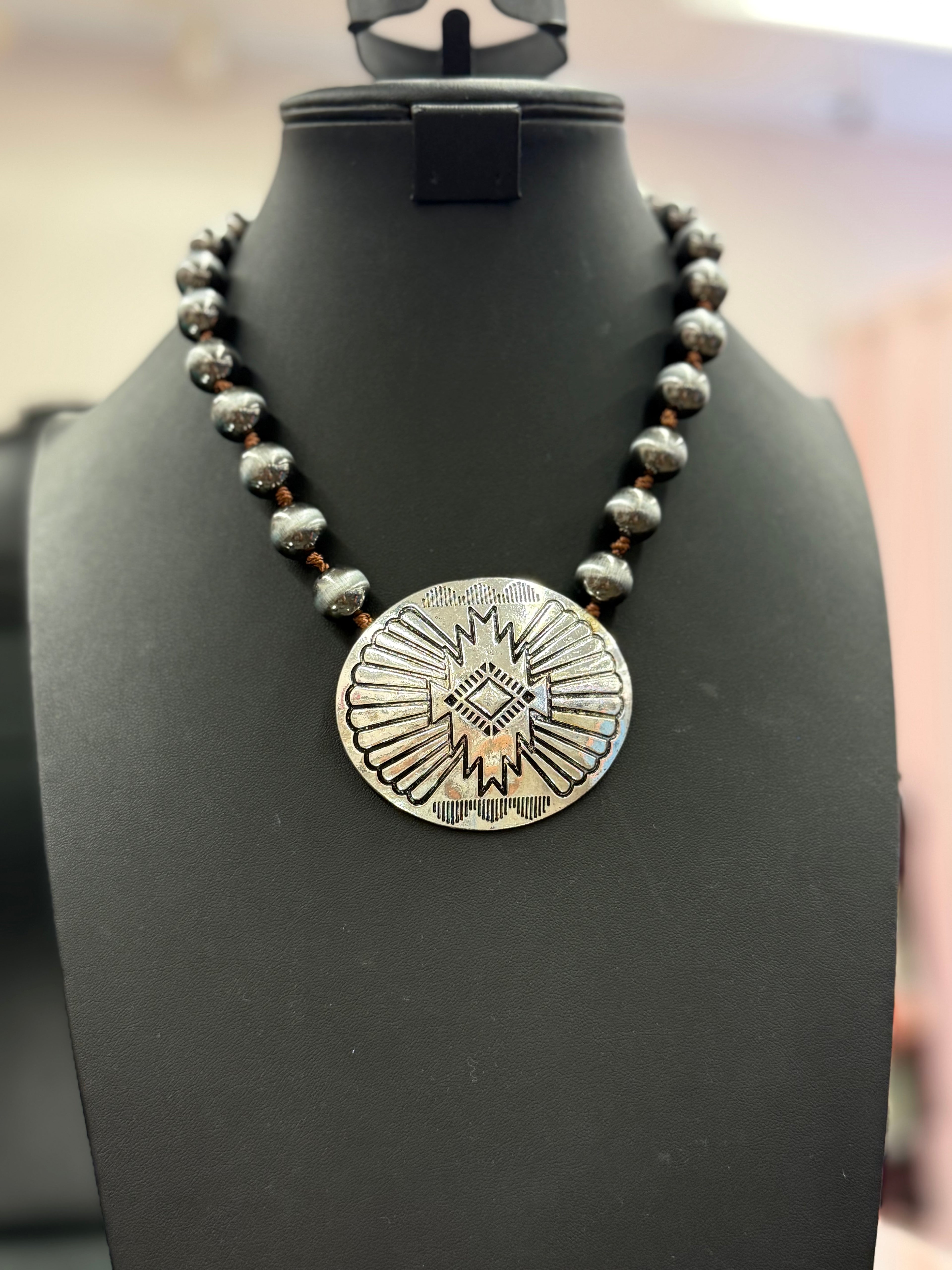 Southwest Stamped Pearl Necklace and Earrings Set