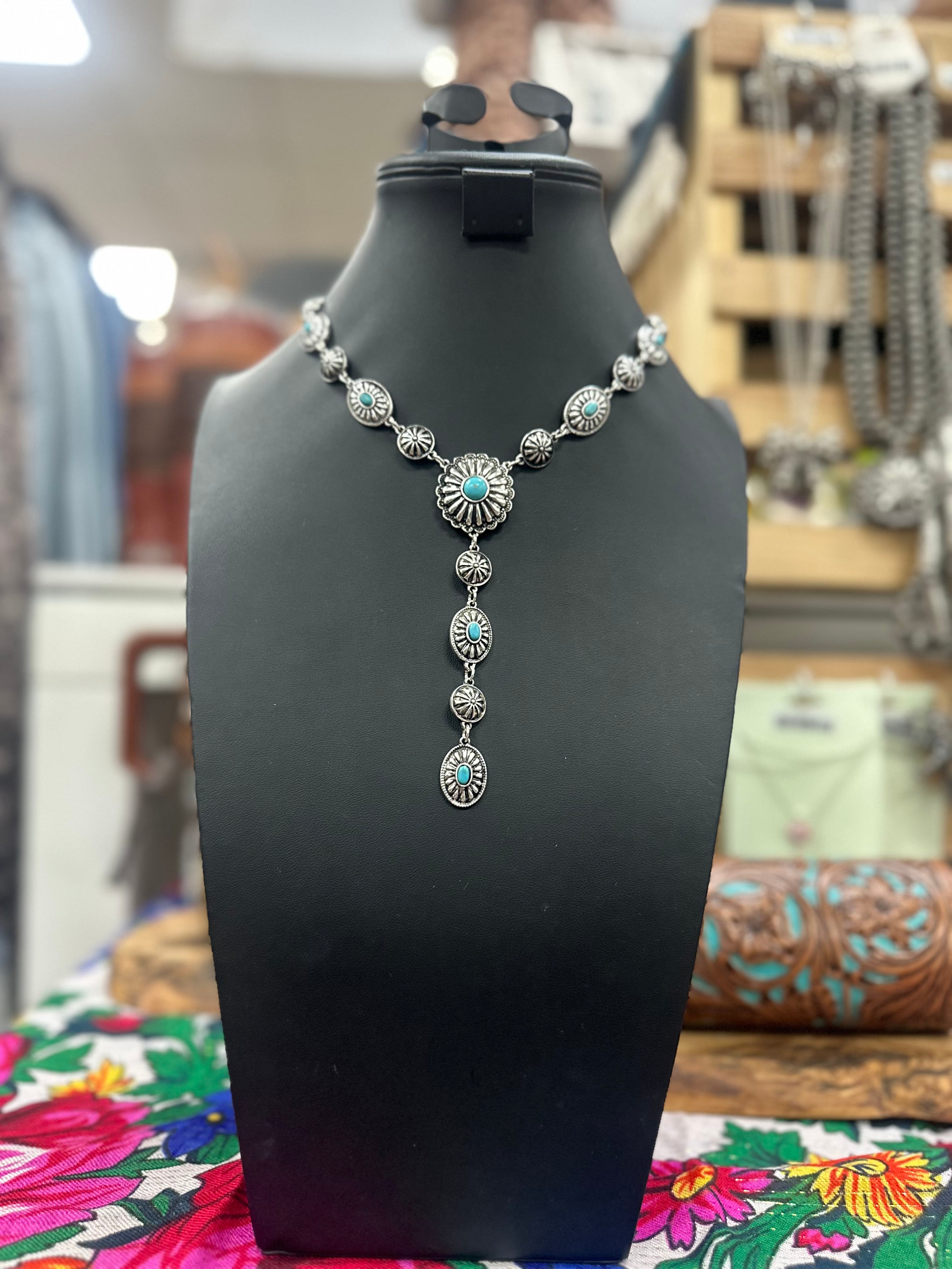Turquoise Concho Y Necklace and Post Earrings Set