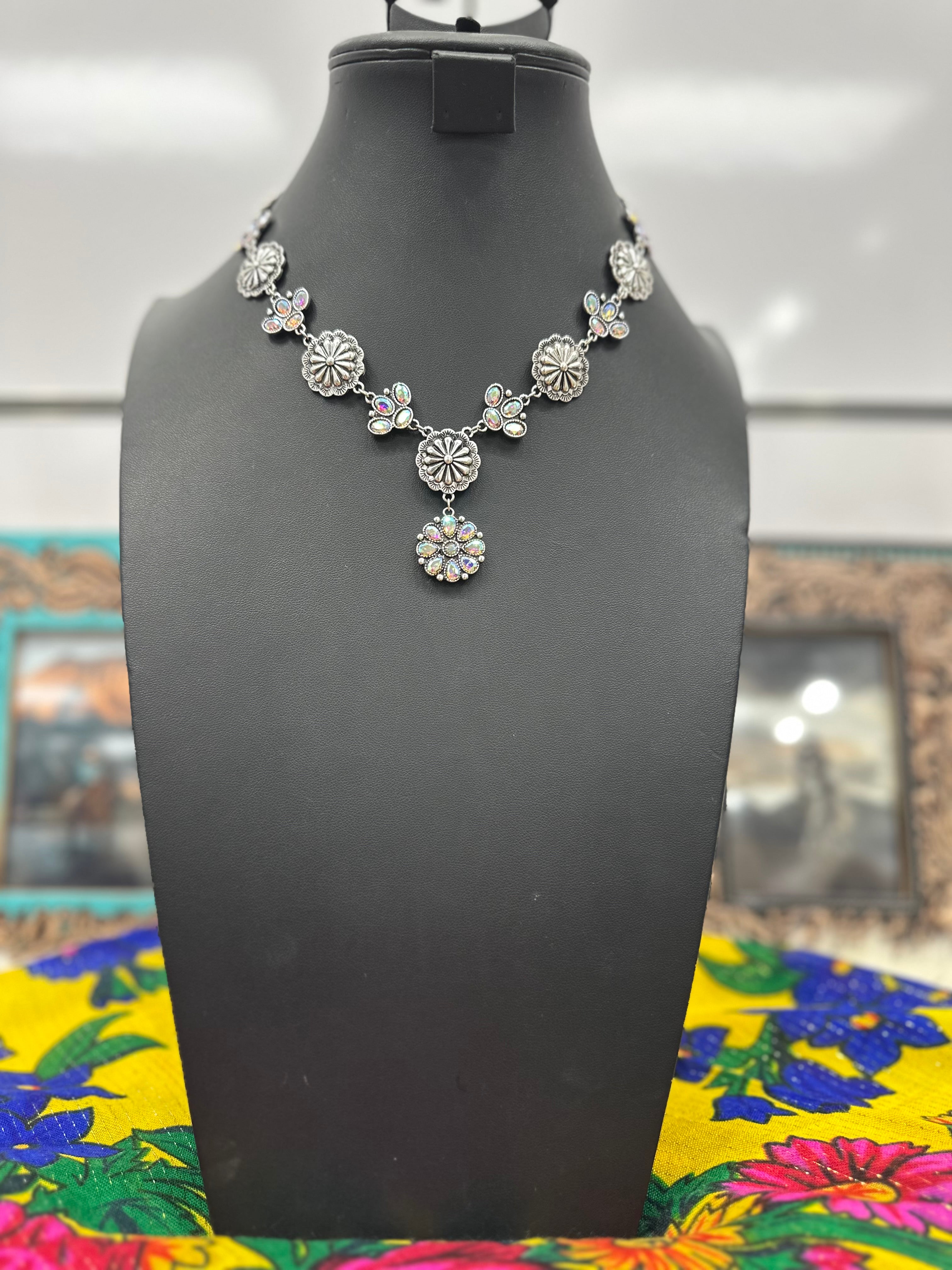 Floral Crystal Cluster Concho Necklace