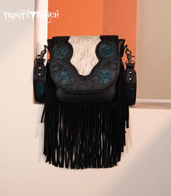 Trinity Ranch Black Embossed Hair-On Fringe Crossbody