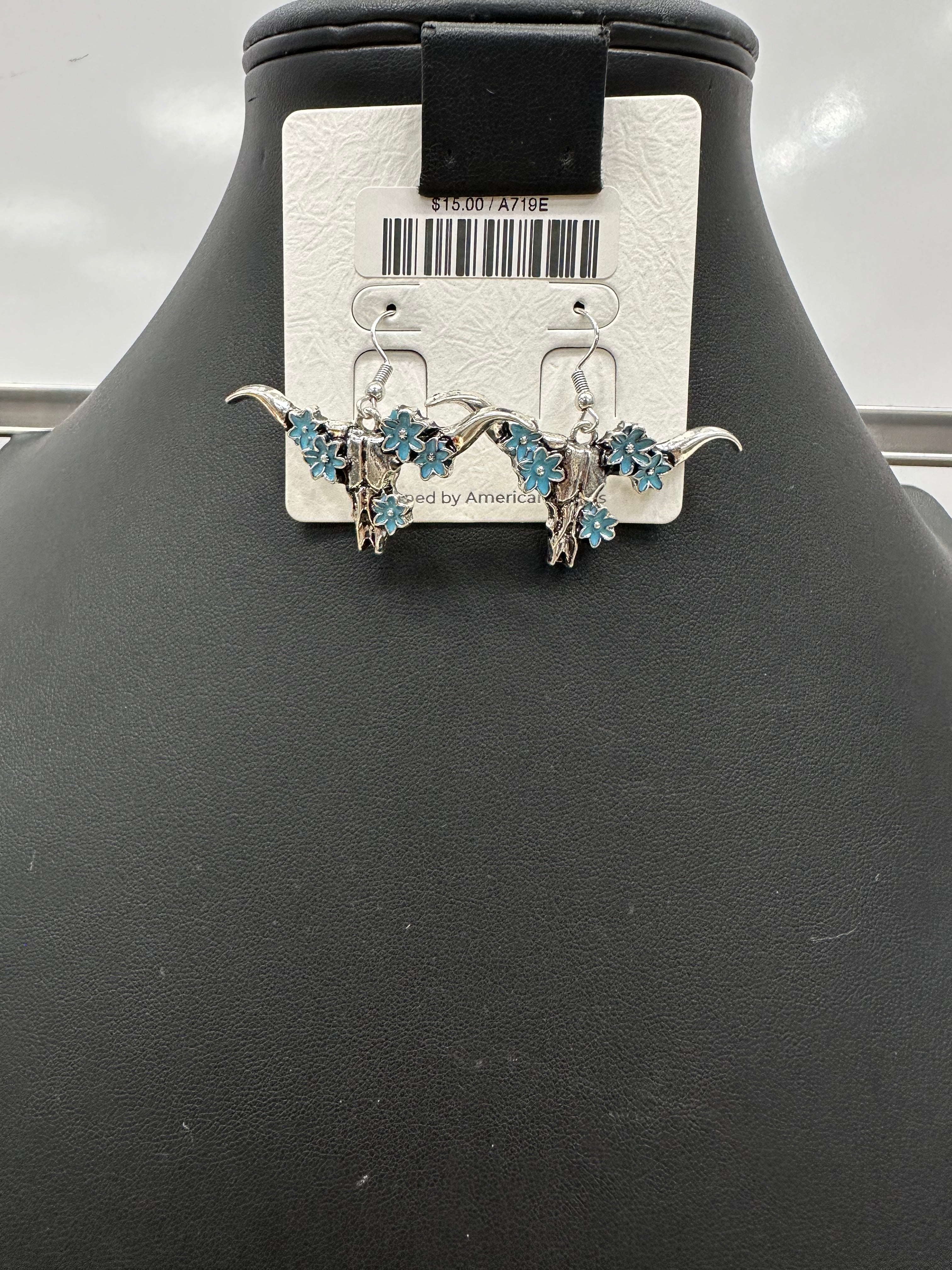 Blue Floral Steer Fishhook Earrings